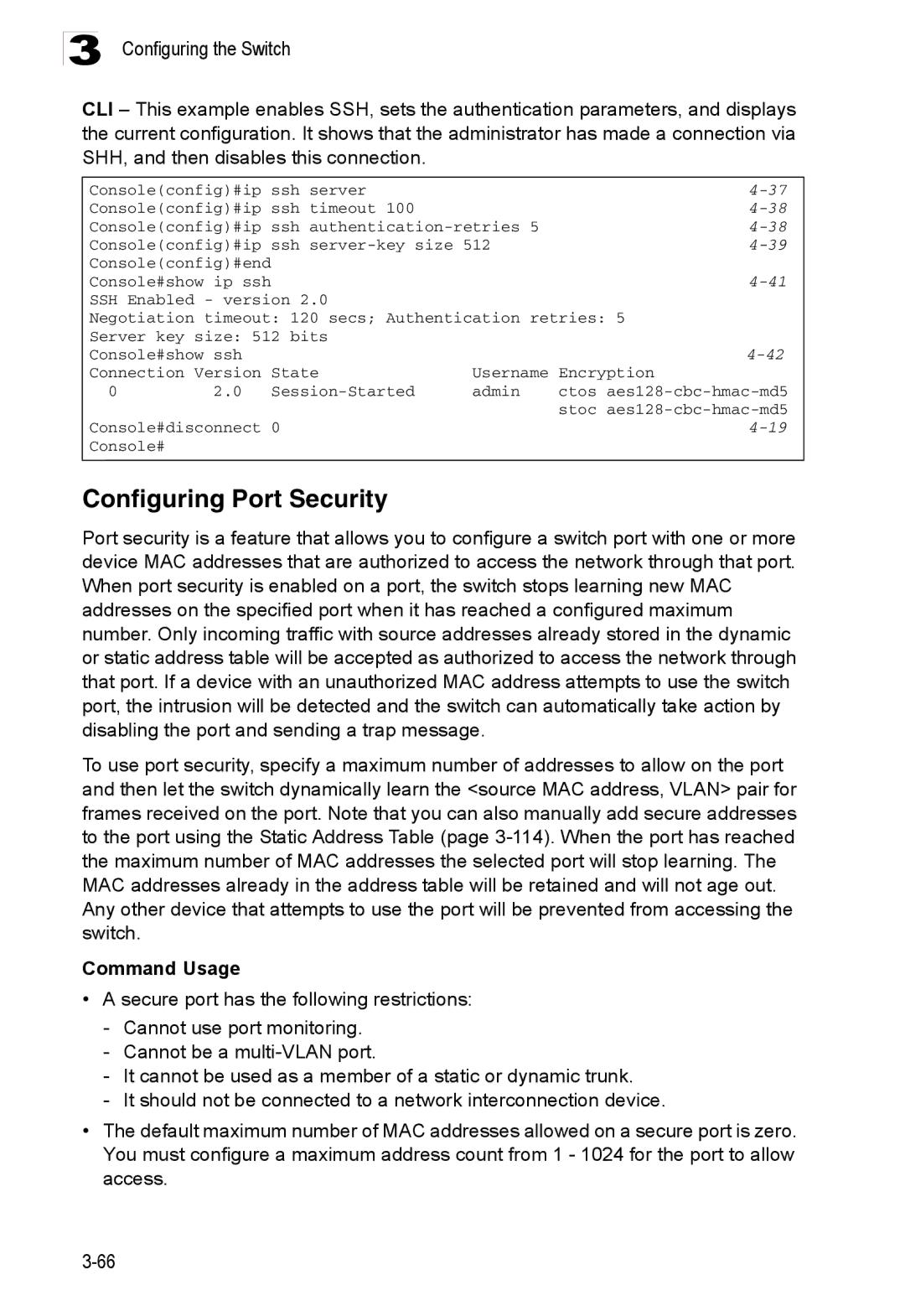 Accton Technology ES3526XA, ES3552XA manual Configuring Port Security, Command Usage 