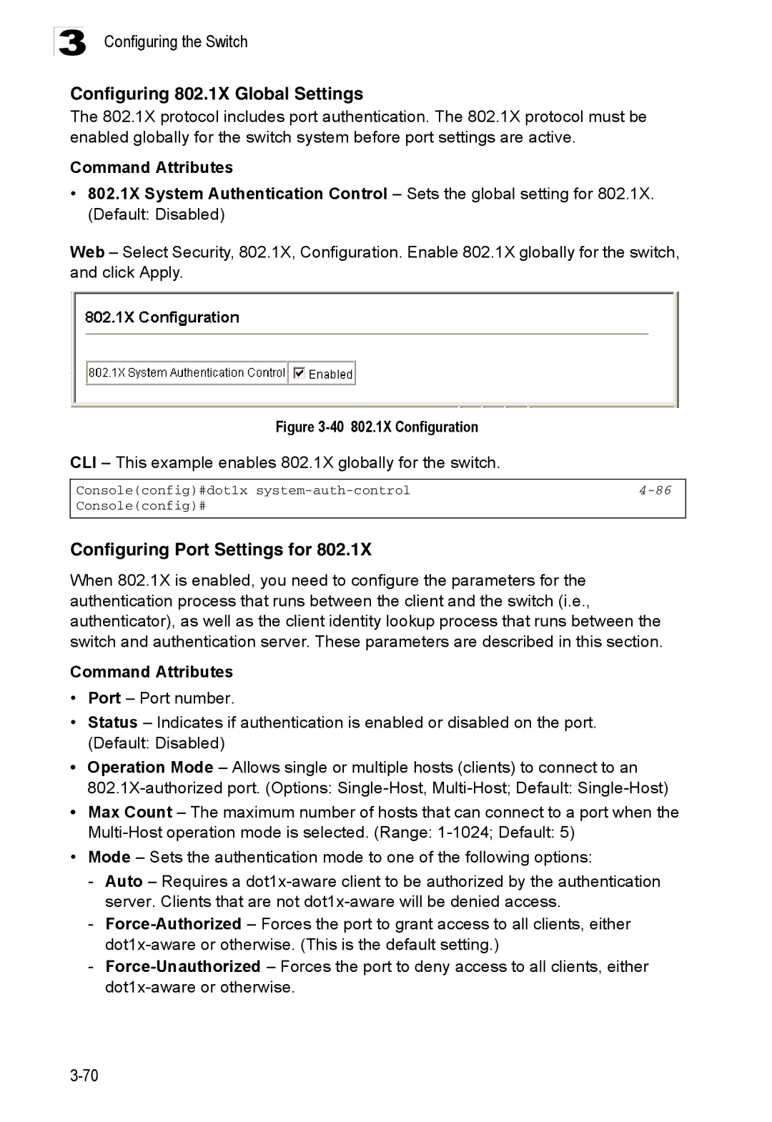 Accton Technology ES3526XA, ES3552XA manual Configuring 802.1X Global Settings, Configuring Port Settings for 