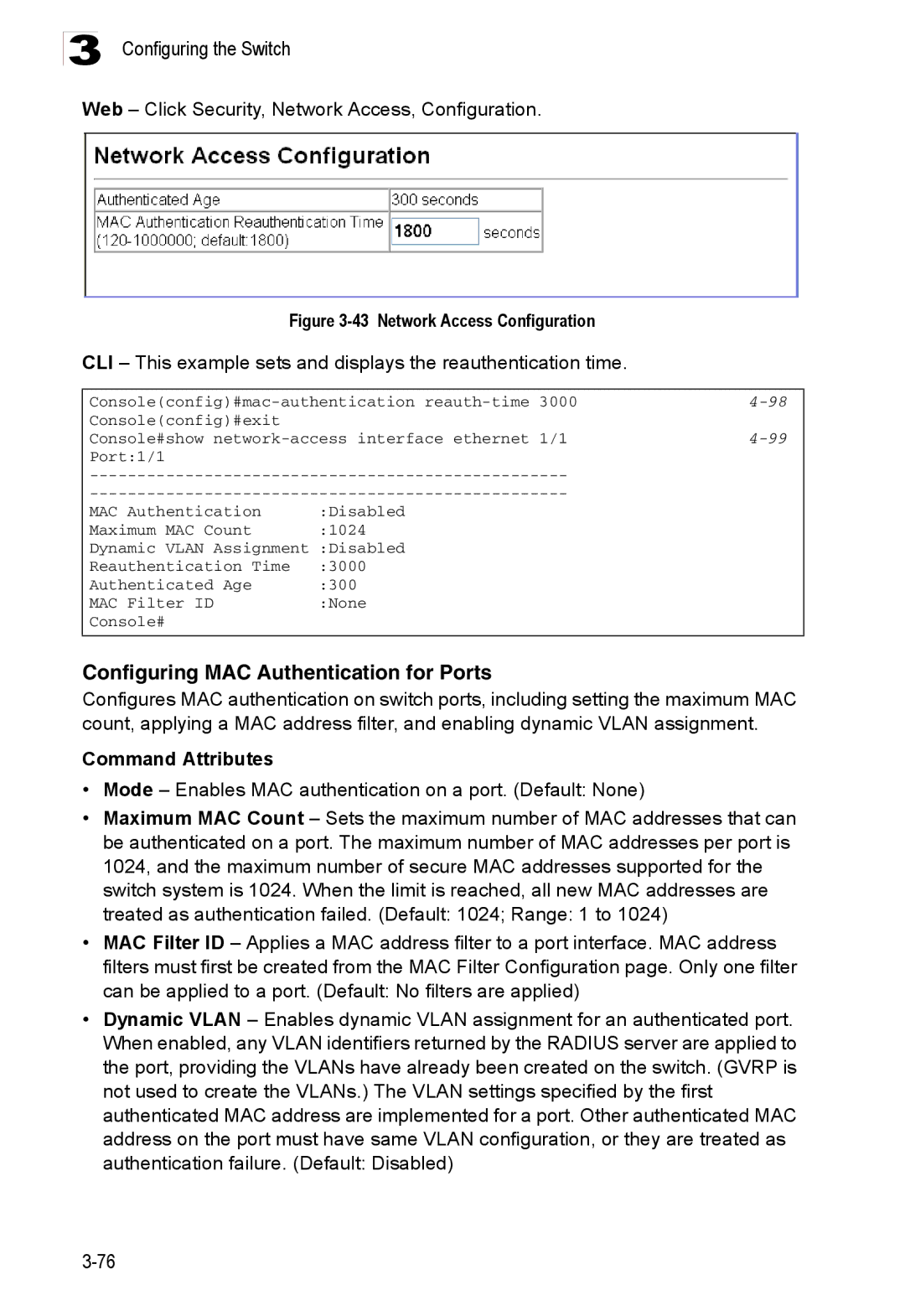 Accton Technology ES3526XA Configuring MAC Authentication for Ports, Web Click Security, Network Access, Configuration 