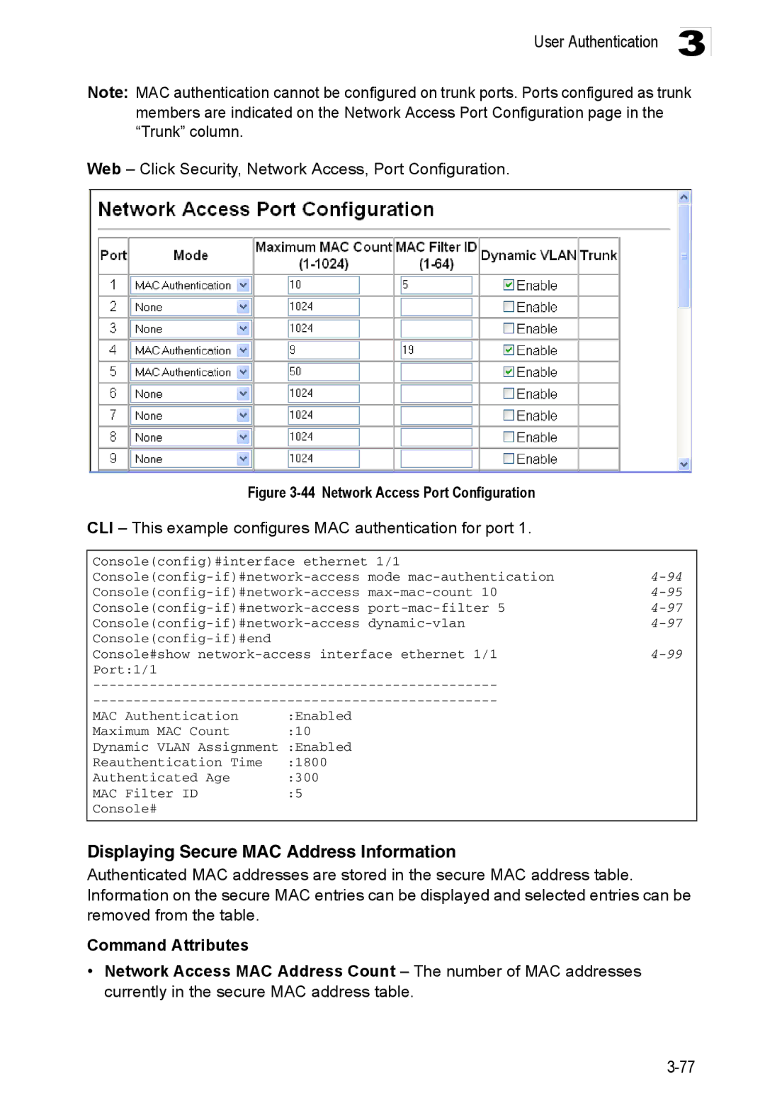 Accton Technology ES3552XA, ES3526XA manual Displaying Secure MAC Address Information 