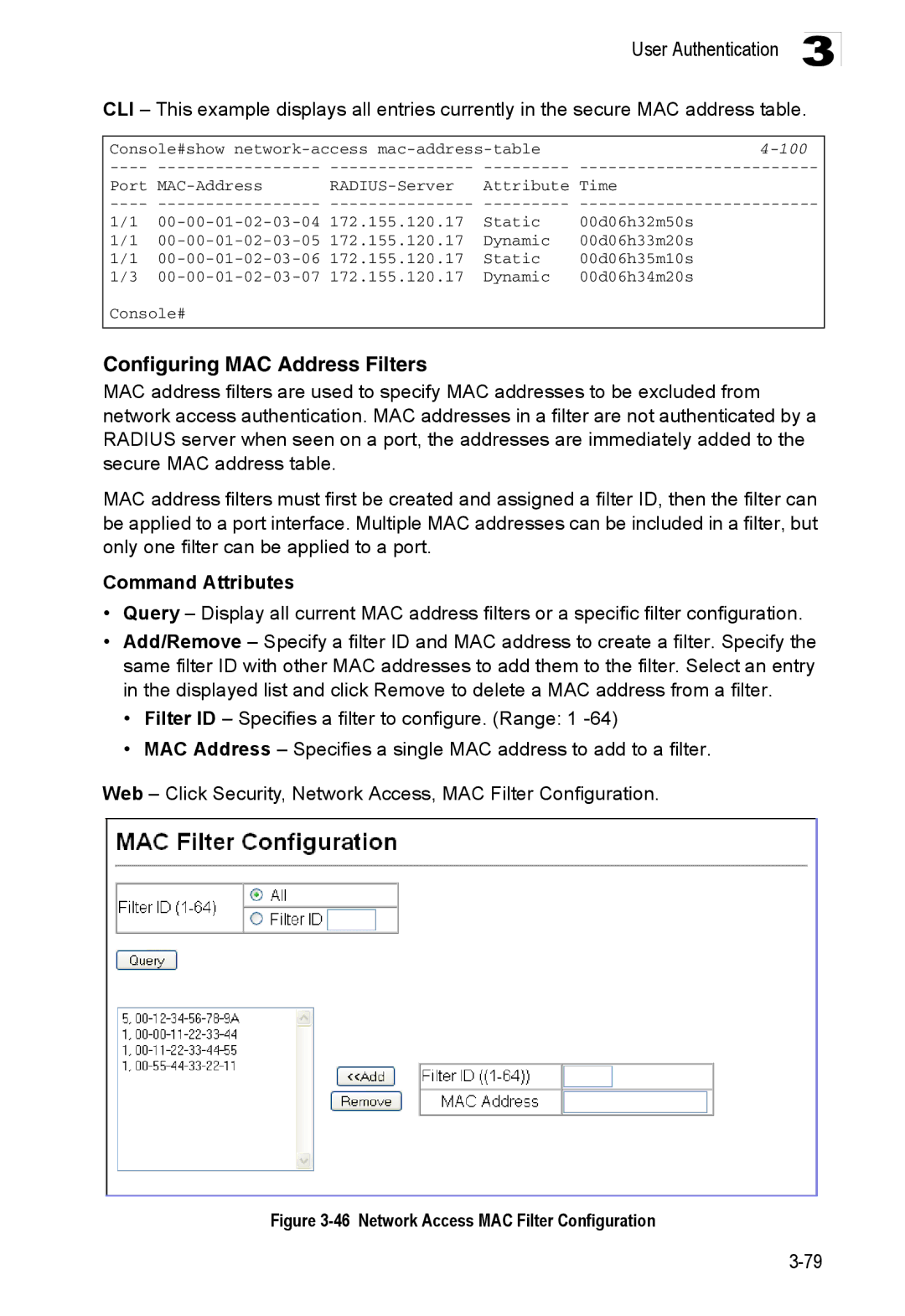 Accton Technology ES3552XA, ES3526XA manual Configuring MAC Address Filters, 100 