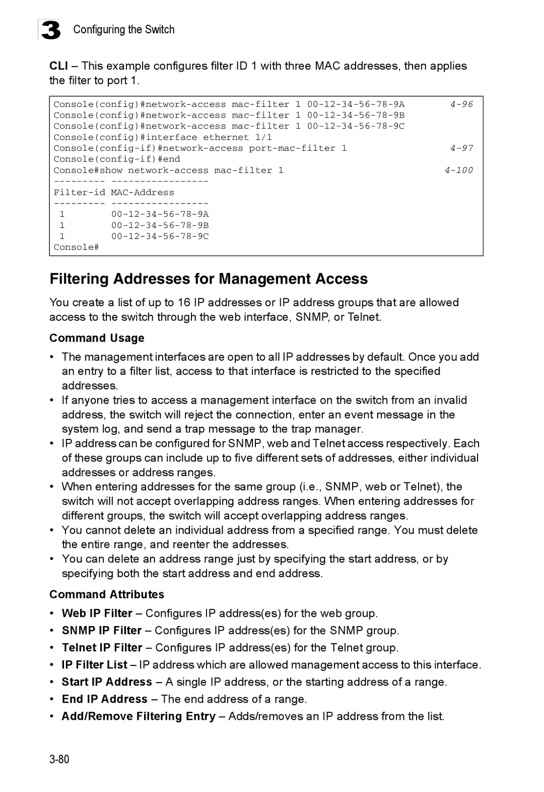 Accton Technology ES3526XA, ES3552XA manual Filtering Addresses for Management Access, Command Usage 