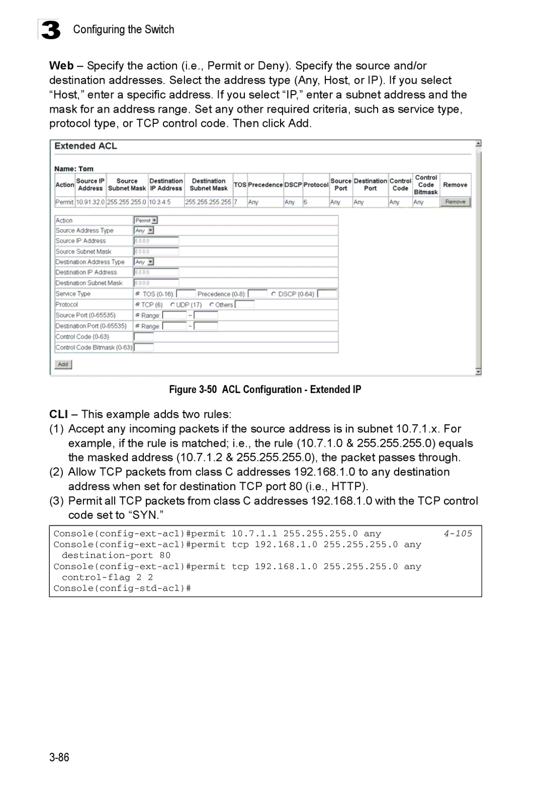 Accton Technology ES3526XA, ES3552XA manual ACL Configuration Extended IP, 105 