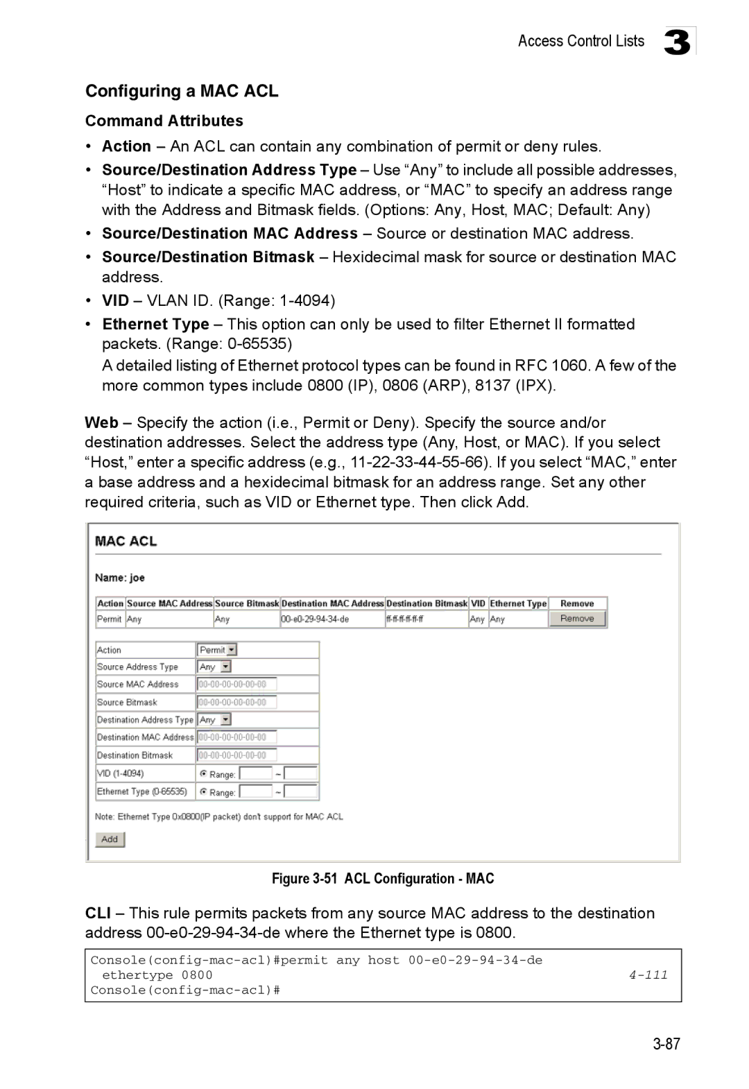 Accton Technology ES3552XA, ES3526XA manual Configuring a MAC ACL, 111 