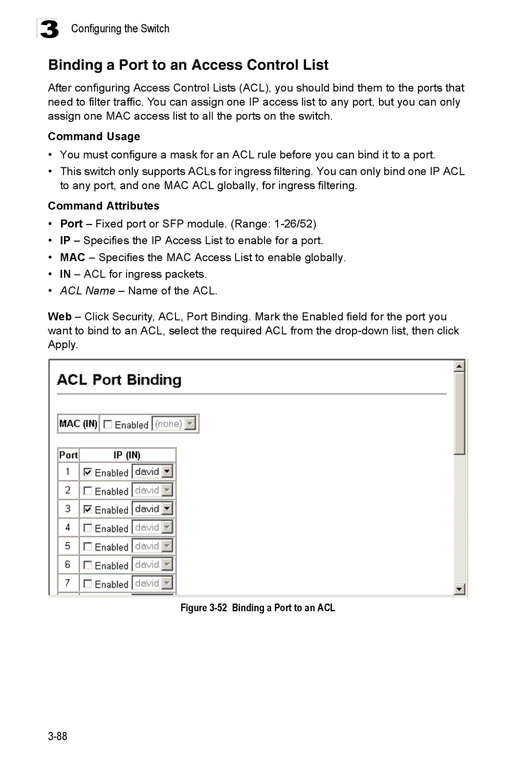 Accton Technology ES3526XA, ES3552XA manual Binding a Port to an Access Control List, Binding a Port to an ACL 