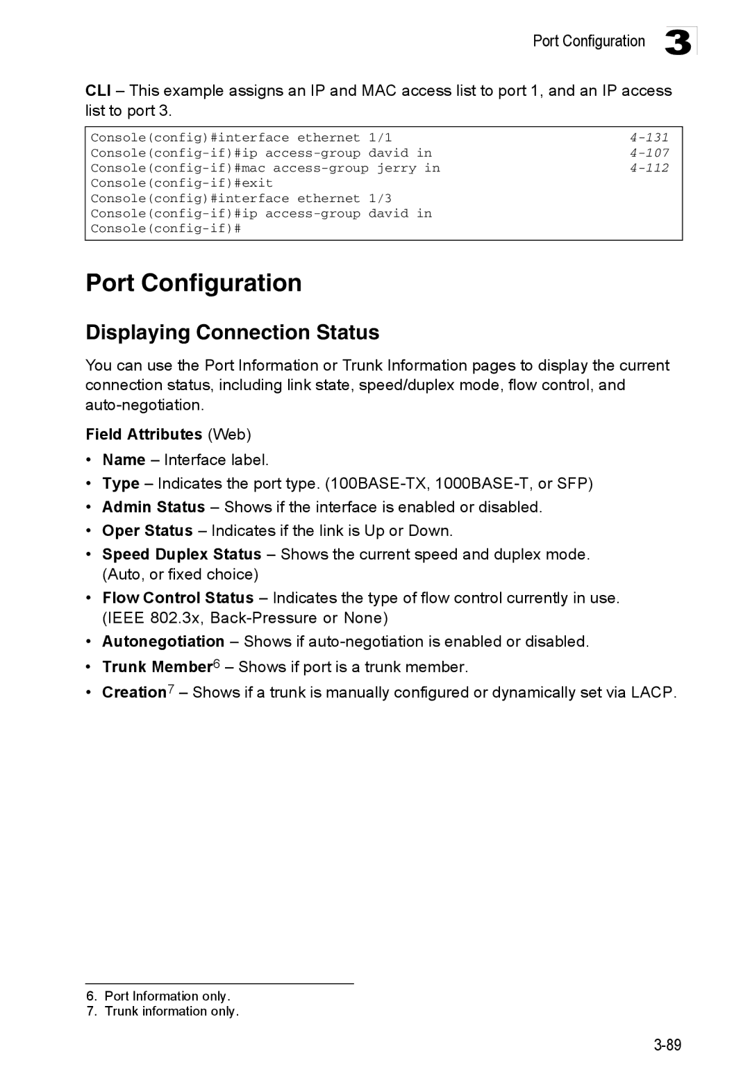 Accton Technology ES3552XA, ES3526XA manual Port Configuration, Displaying Connection Status, Field Attributes Web, 107, 112 