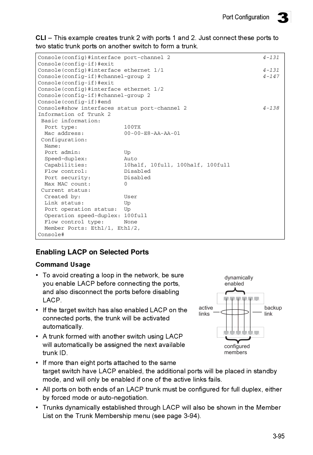 Accton Technology ES3552XA, ES3526XA manual Enabling Lacp on Selected Ports, 147 