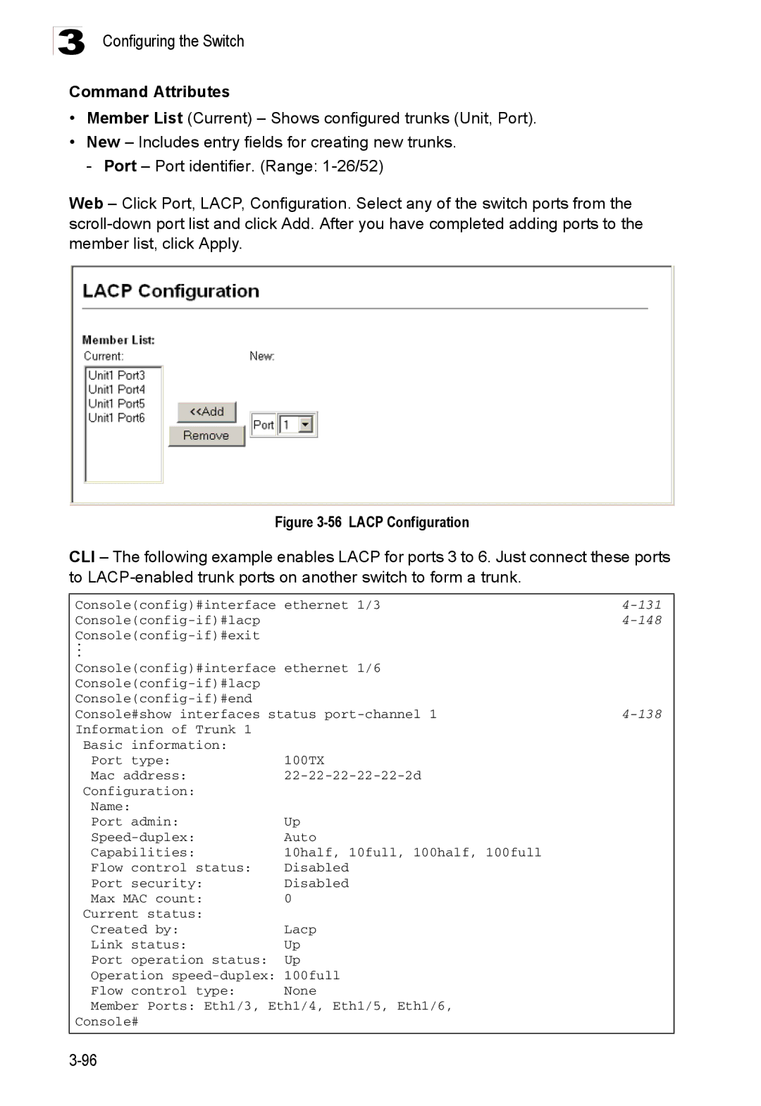 Accton Technology ES3526XA, ES3552XA manual Lacp Configuration, 148 