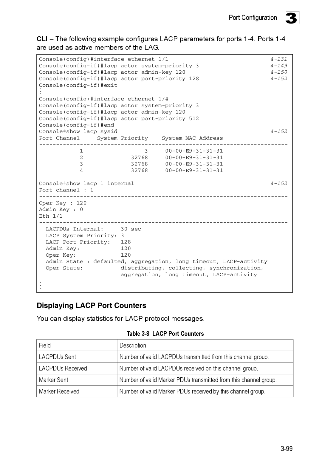 Accton Technology ES3552XA, ES3526XA Displaying Lacp Port Counters, You can display statistics for Lacp protocol messages 