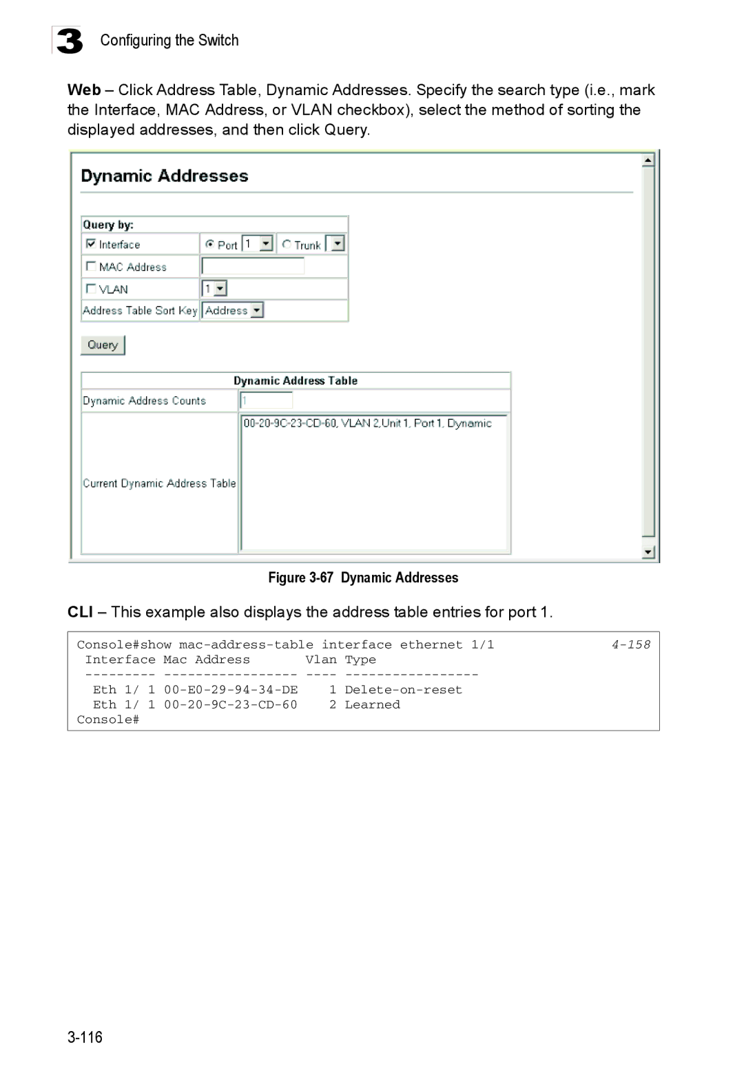 Accton Technology ES3526XA, ES3552XA manual Dynamic Addresses, 158 