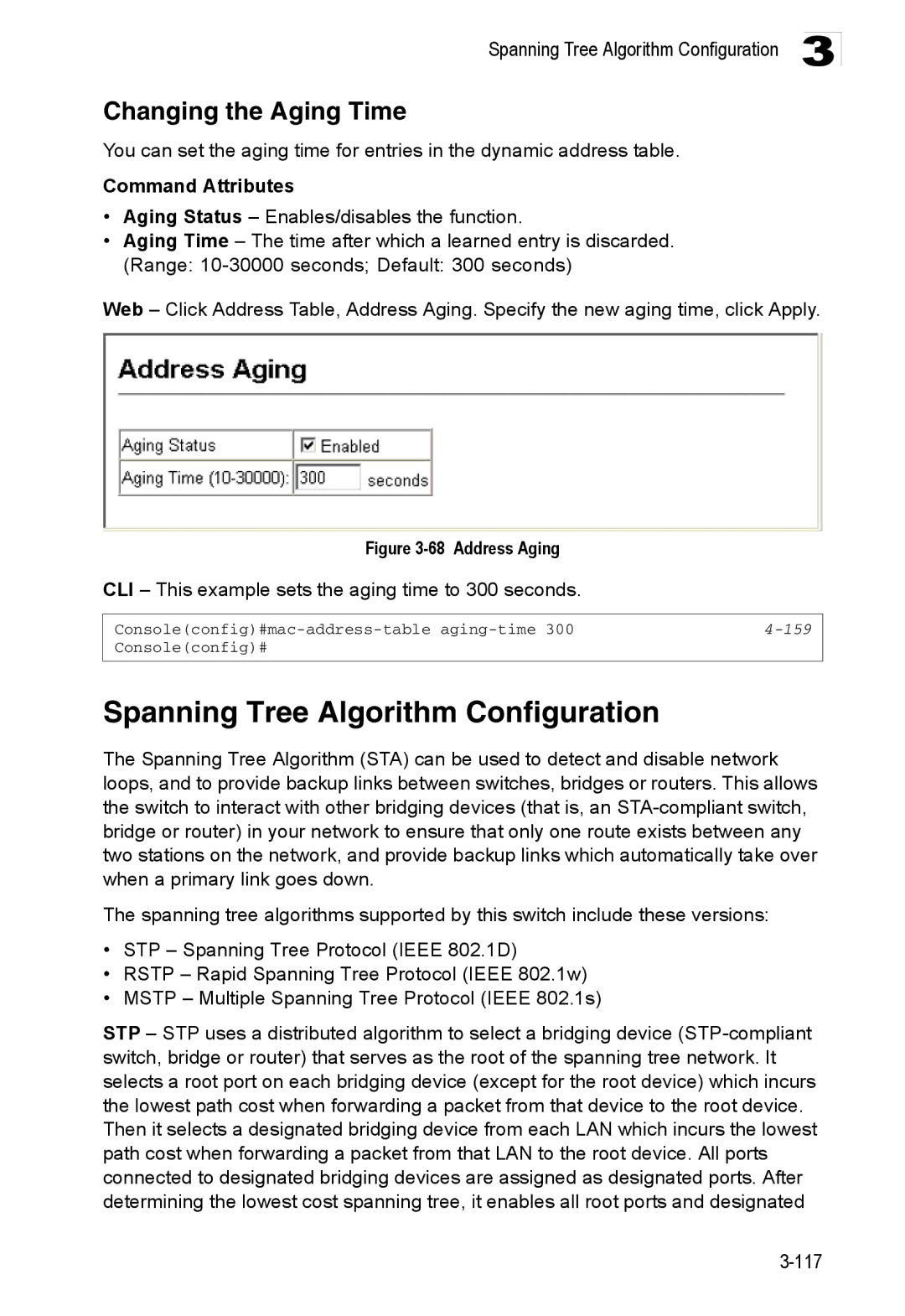 Accton Technology ES3552XA, ES3526XA manual Spanning Tree Algorithm Configuration, Changing the Aging Time, 159 