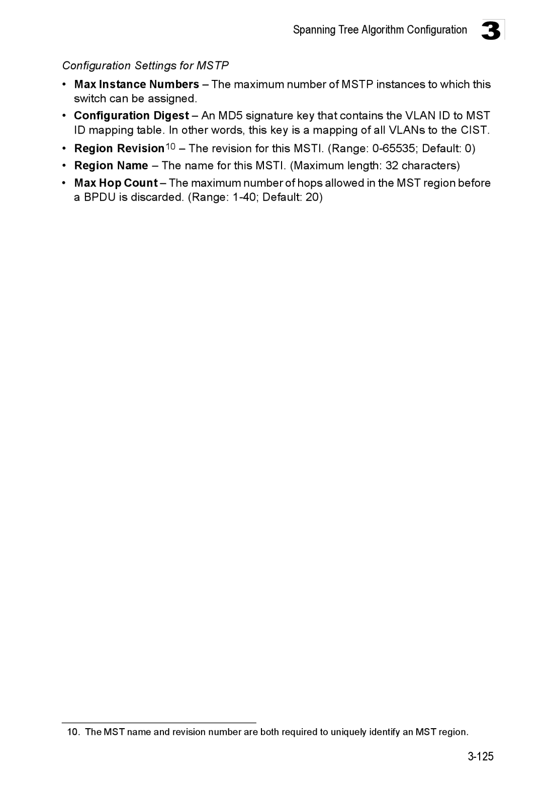 Accton Technology ES3552XA, ES3526XA manual Configuration Settings for Mstp 