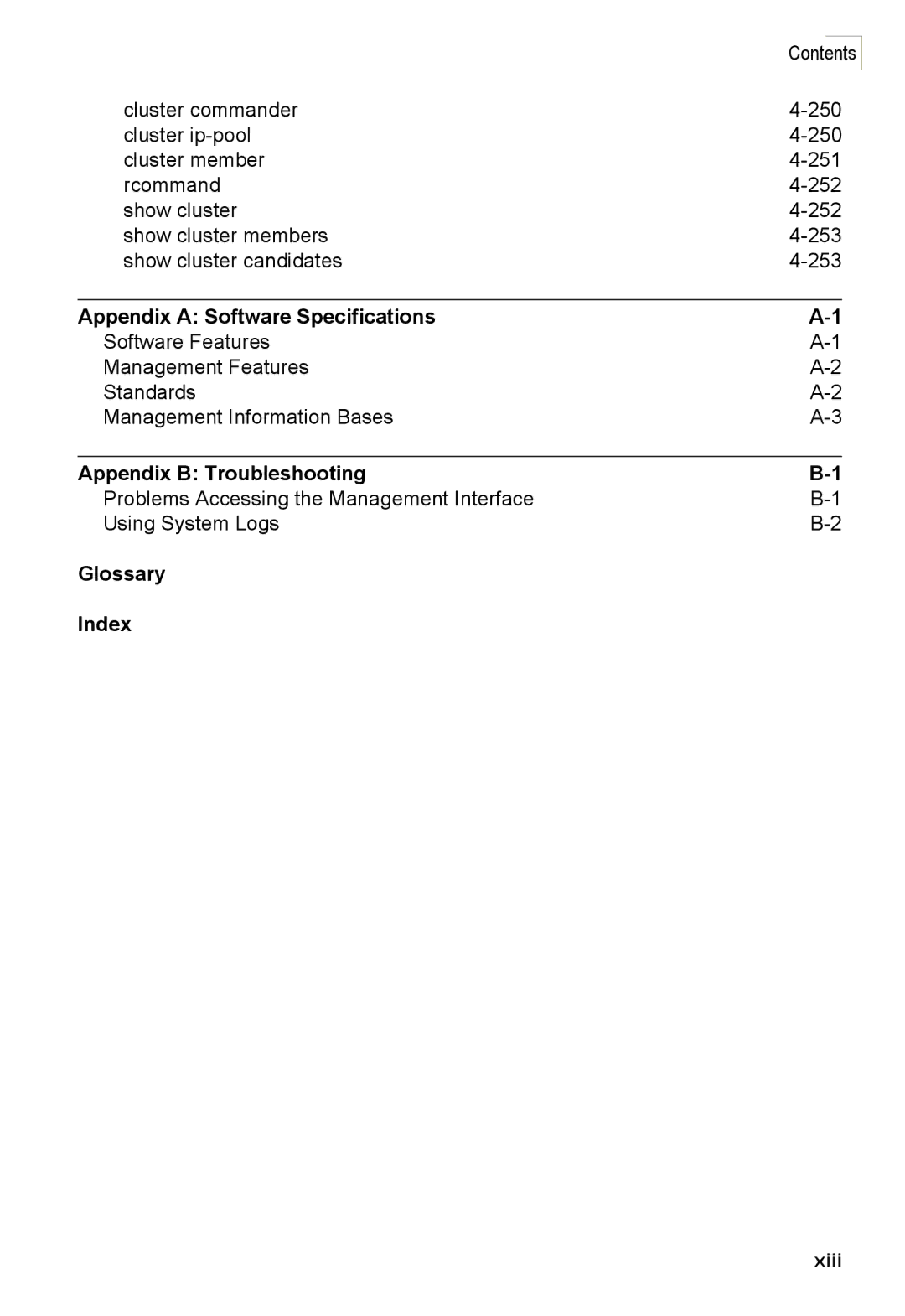 Accton Technology ES3552XA, ES3526XA Appendix a Software Specifications, Appendix B Troubleshooting, Glossary Index, Xiii 