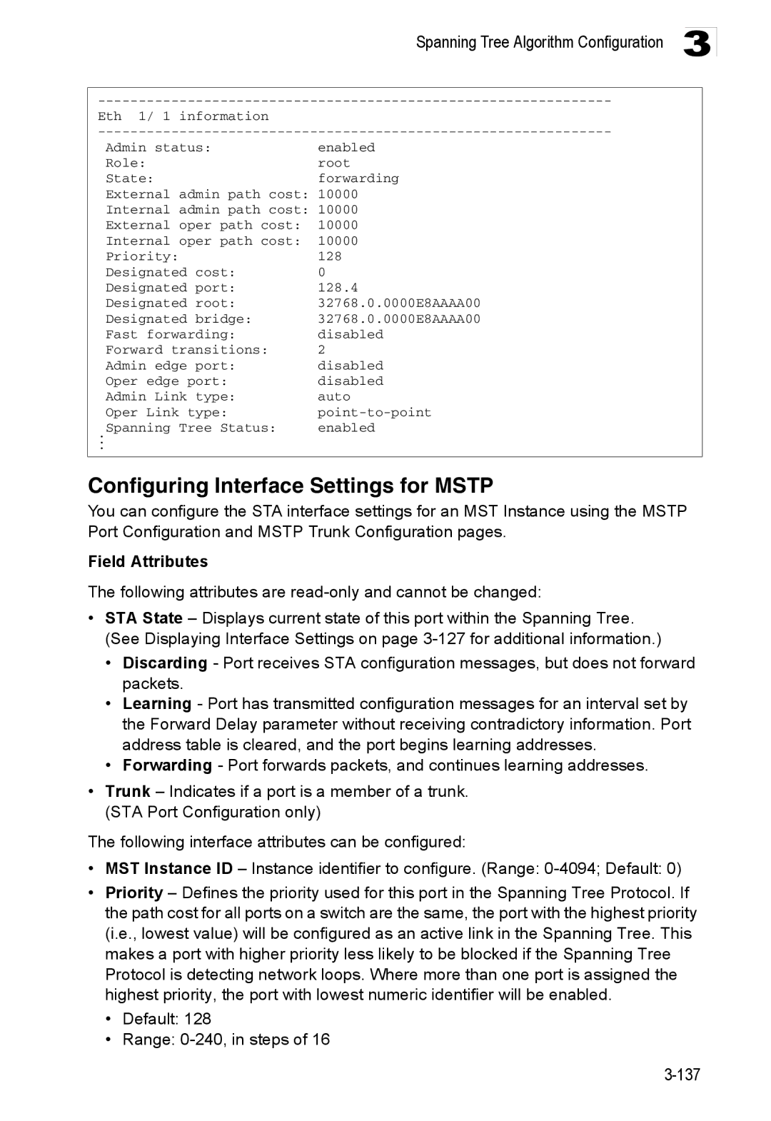 Accton Technology ES3552XA, ES3526XA manual Configuring Interface Settings for Mstp 