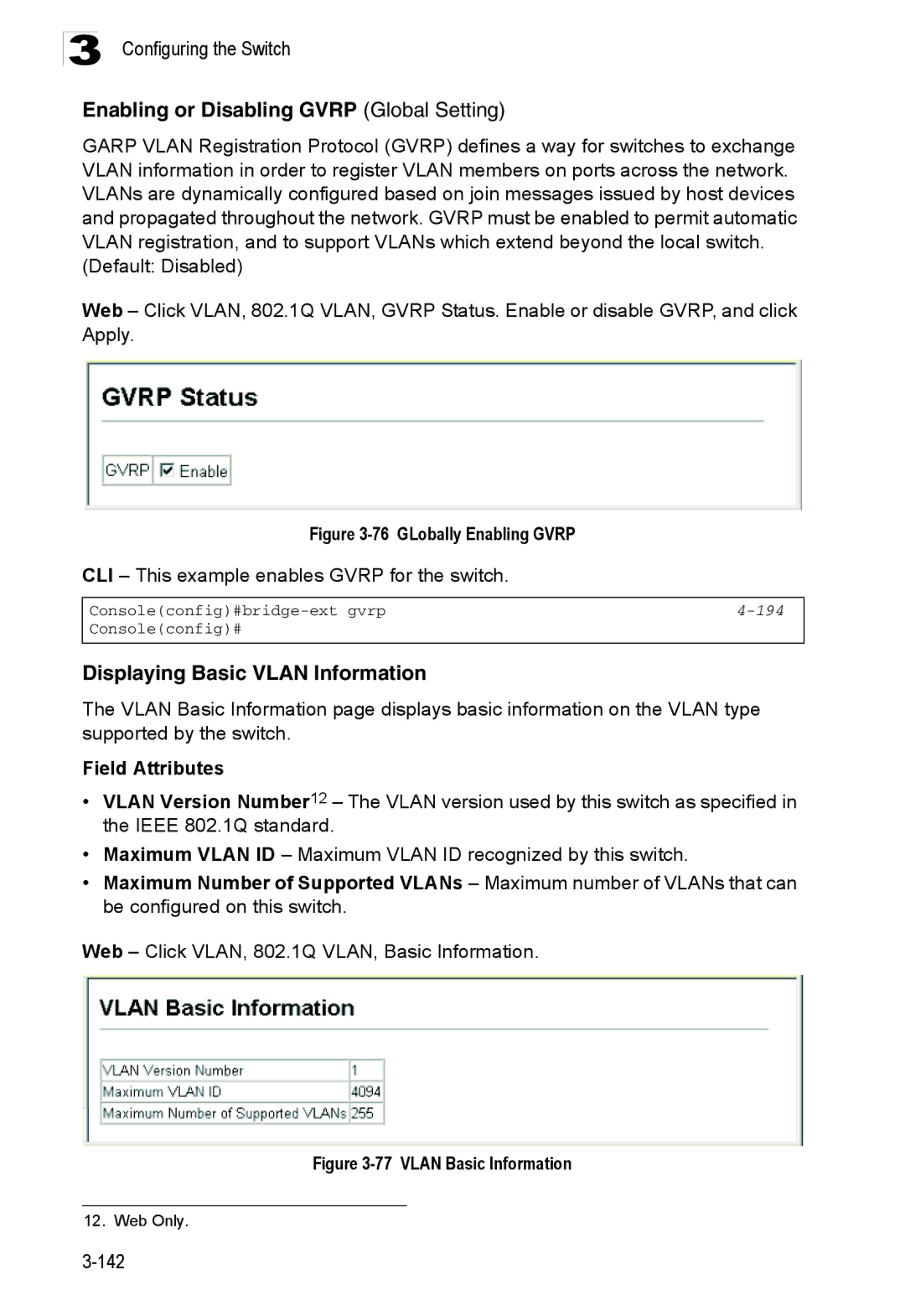 Accton Technology ES3526XA, ES3552XA Enabling or Disabling Gvrp Global Setting, Displaying Basic Vlan Information, 194 