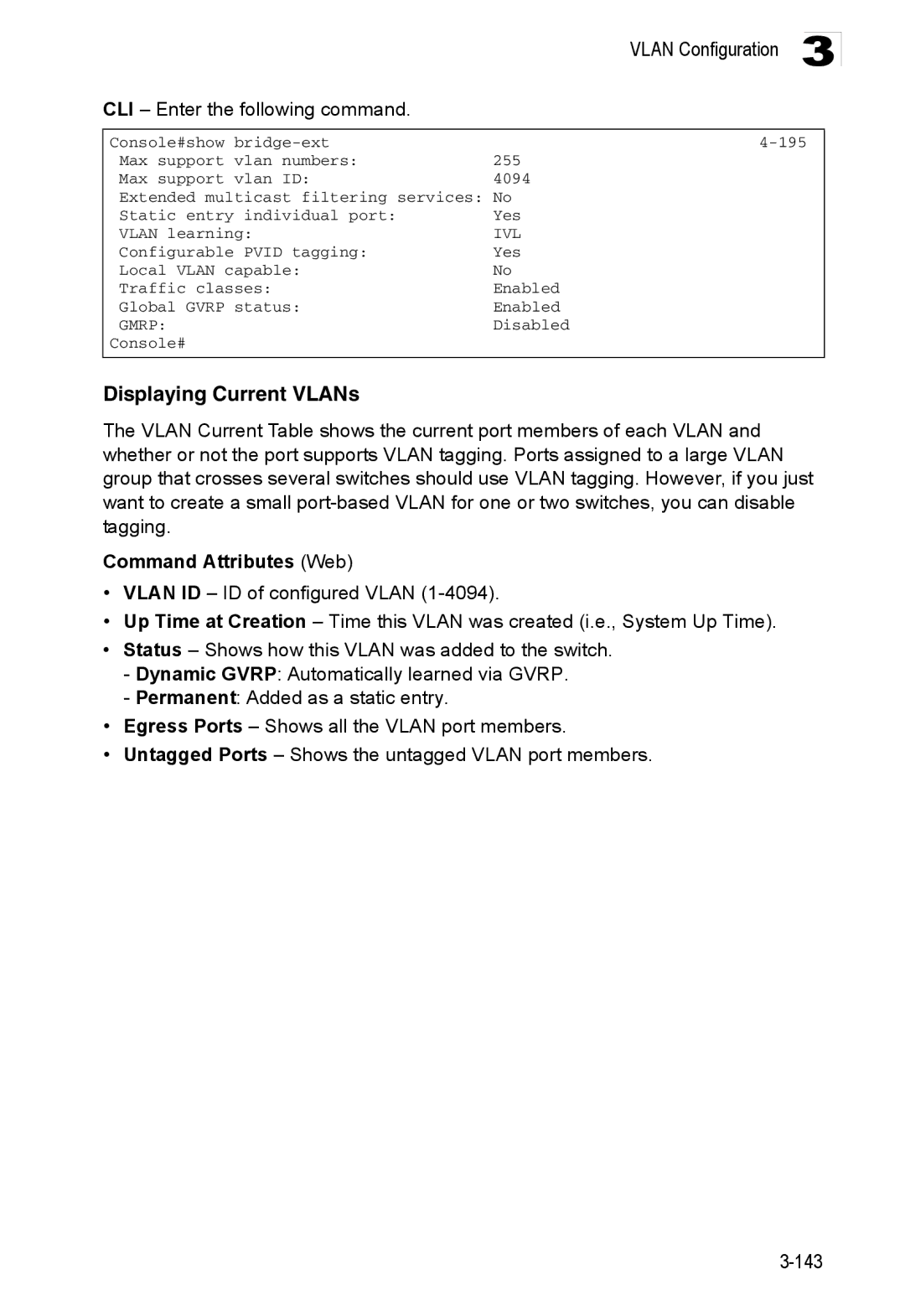 Accton Technology ES3552XA, ES3526XA manual Displaying Current VLANs, Command Attributes Web 