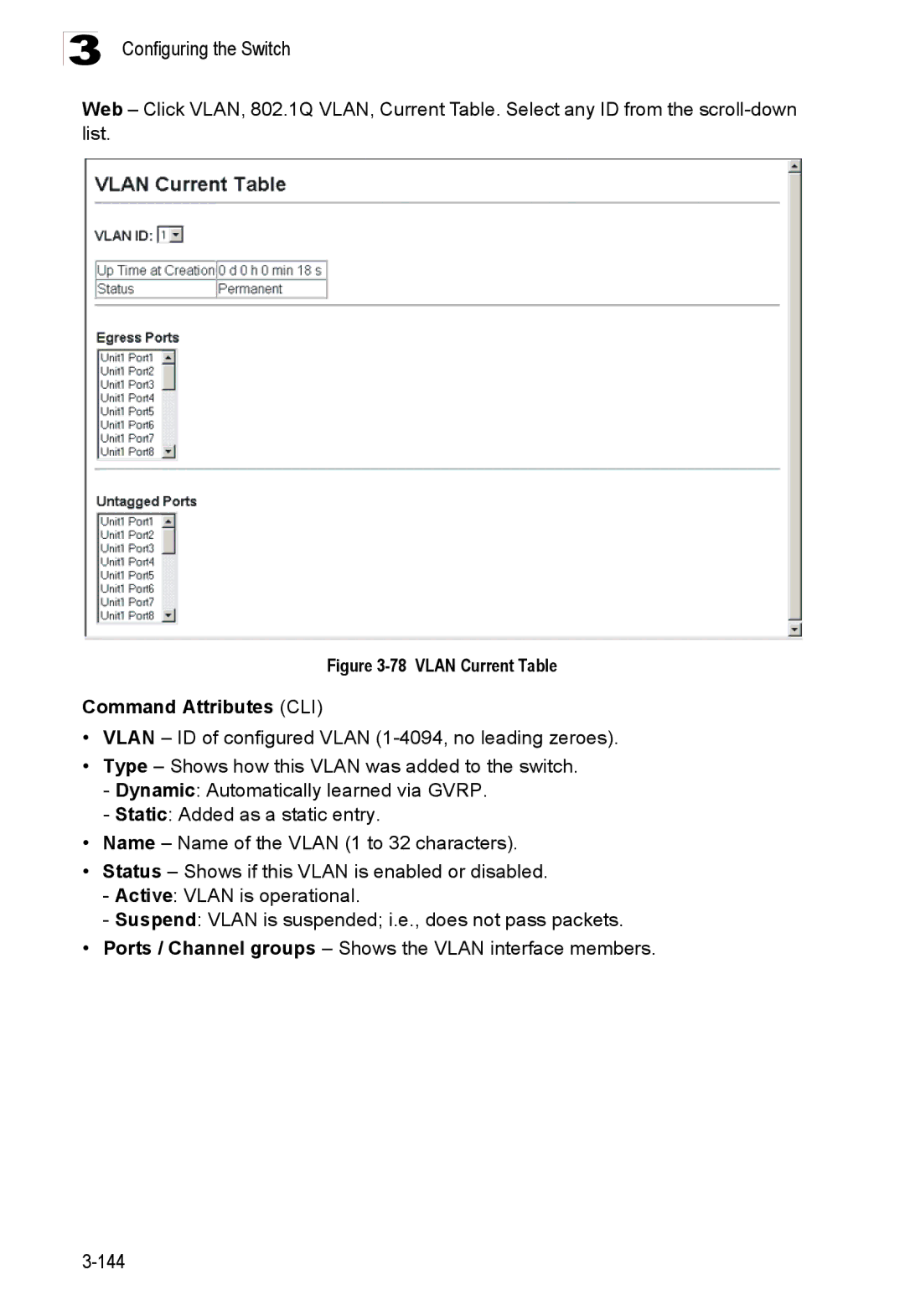 Accton Technology ES3526XA, ES3552XA manual Vlan Current Table Command Attributes CLI 