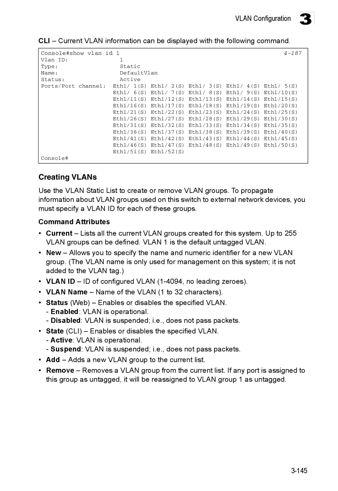 Accton Technology ES3552XA, ES3526XA manual Creating VLANs, 187 