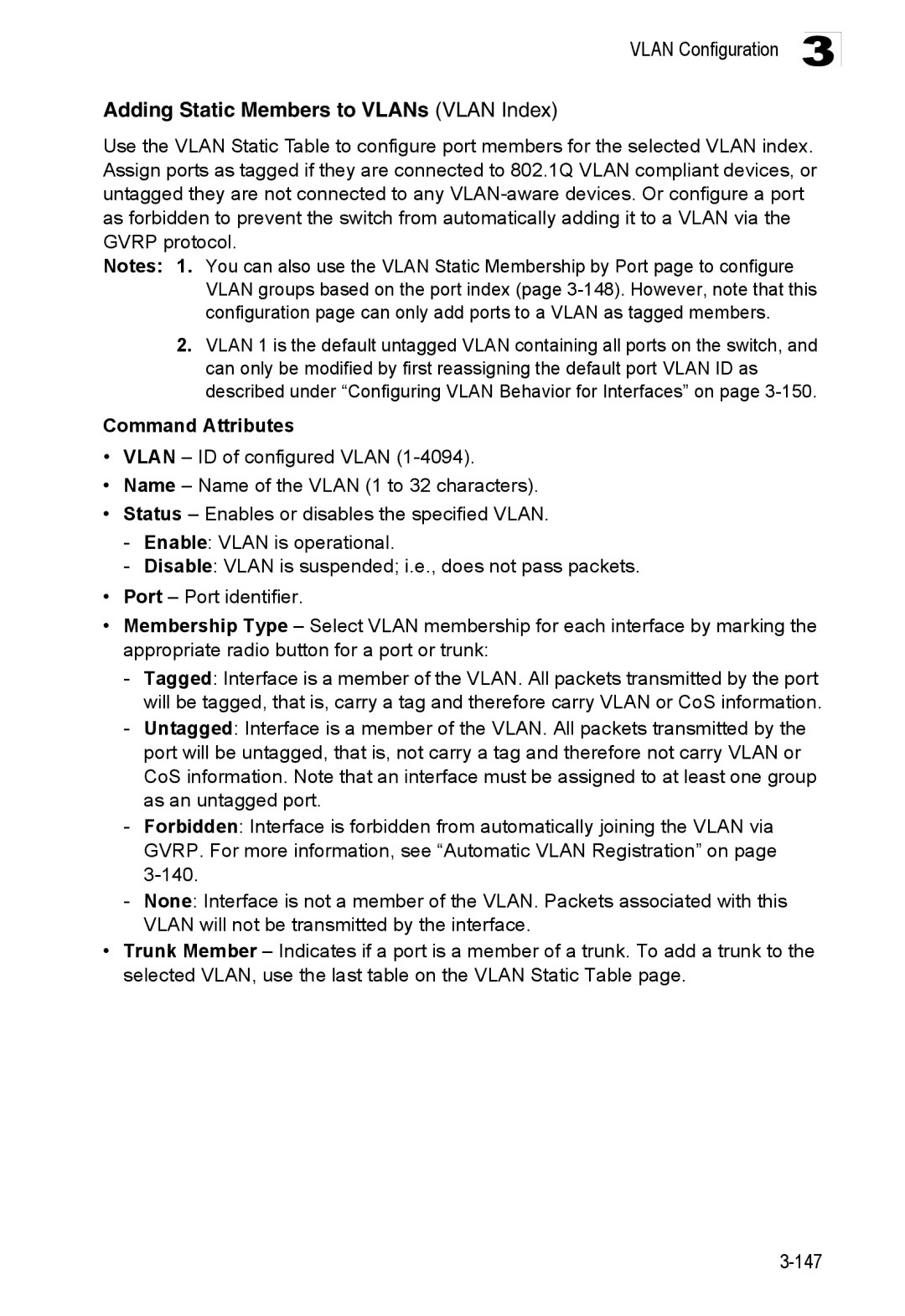 Accton Technology ES3552XA, ES3526XA manual Adding Static Members to VLANs Vlan Index 