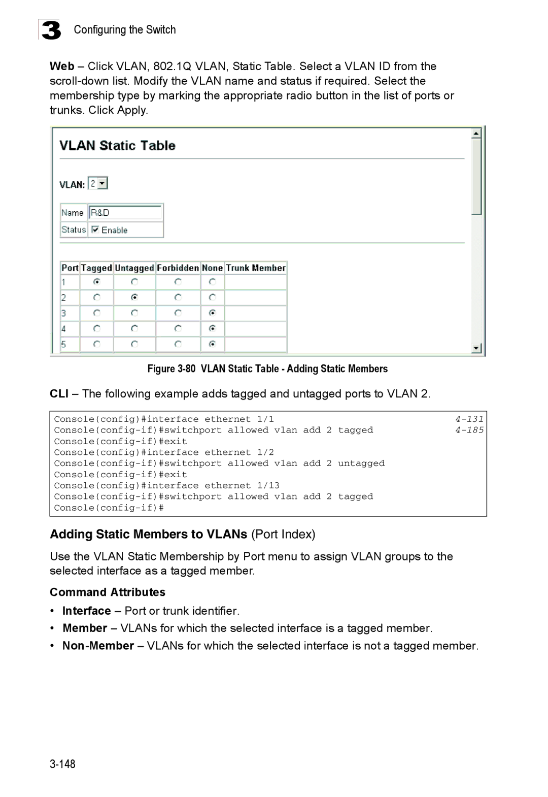 Accton Technology ES3526XA, ES3552XA manual Adding Static Members to VLANs Port Index, 185 