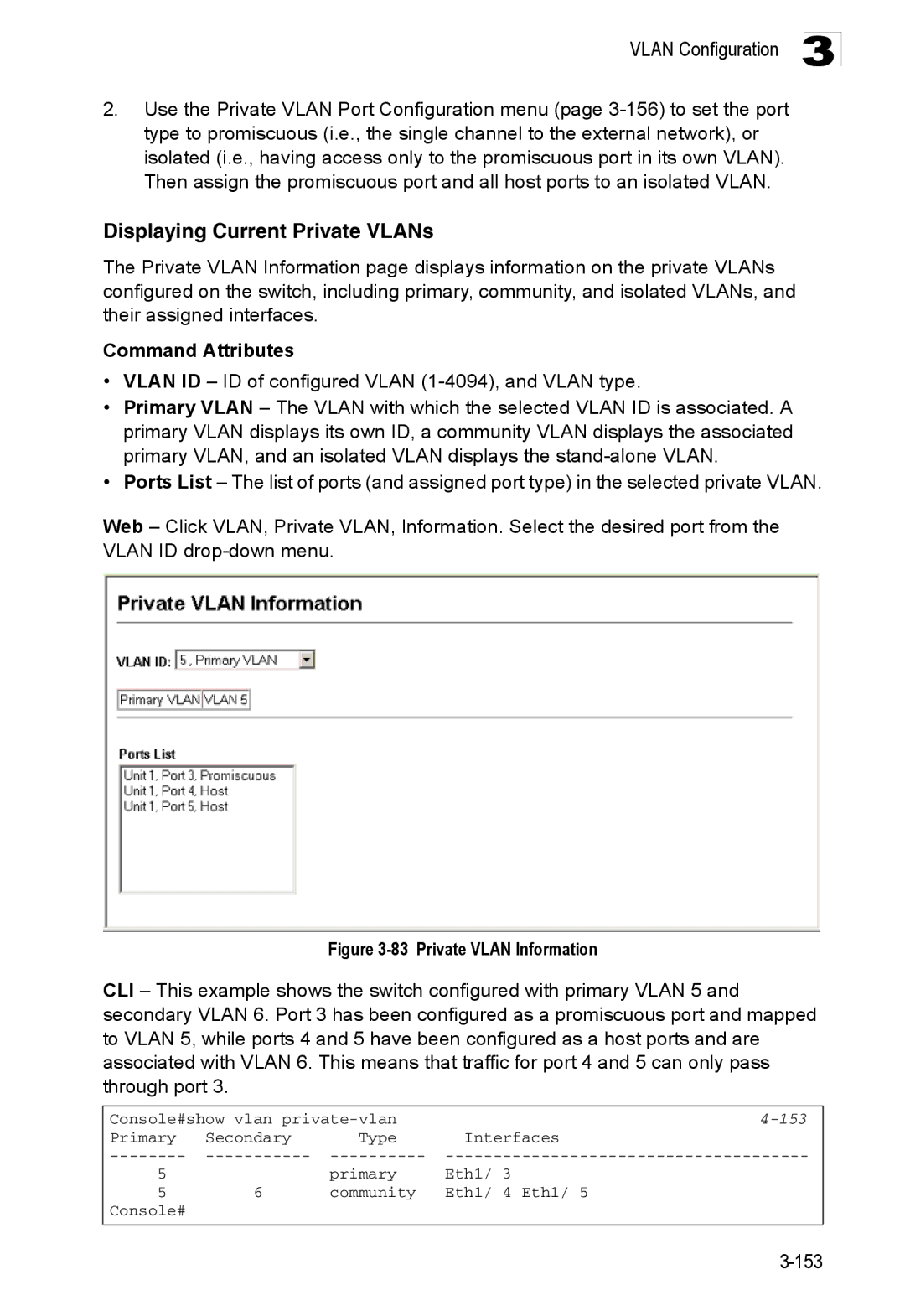 Accton Technology ES3552XA, ES3526XA manual Displaying Current Private VLANs, 153 