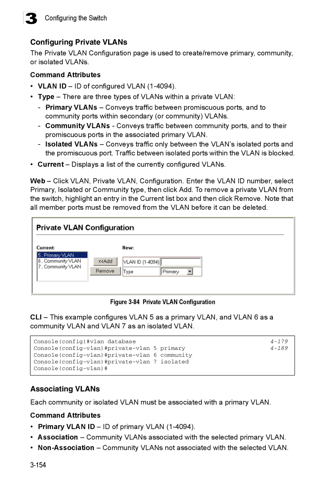 Accton Technology ES3526XA, ES3552XA manual Configuring Private VLANs, Associating VLANs, 189 