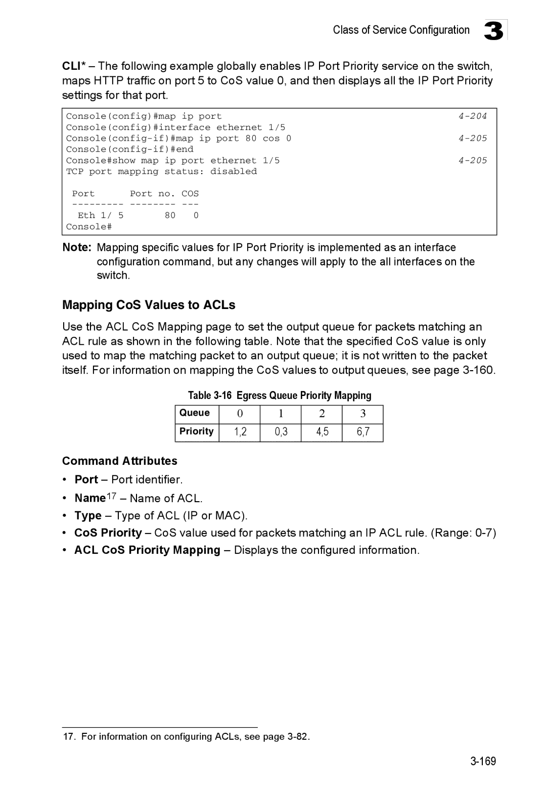 Accton Technology ES3552XA, ES3526XA manual Mapping CoS Values to ACLs, Egress Queue Priority Mapping, 205 