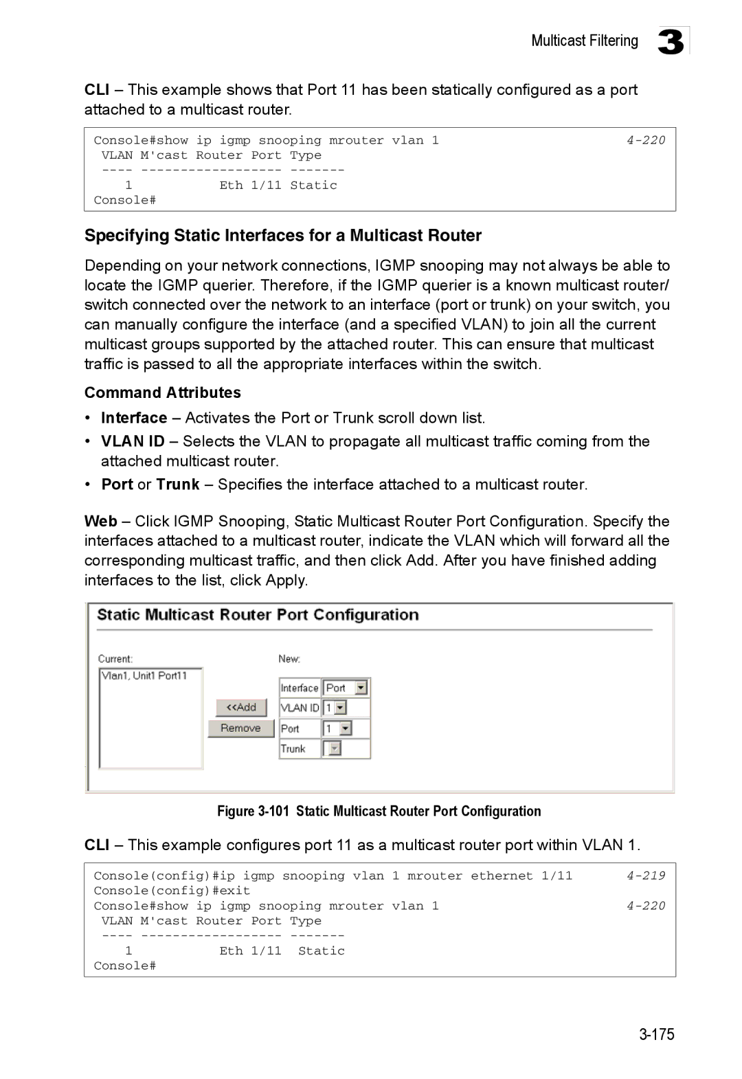 Accton Technology ES3552XA, ES3526XA manual Specifying Static Interfaces for a Multicast Router, 220, 219 