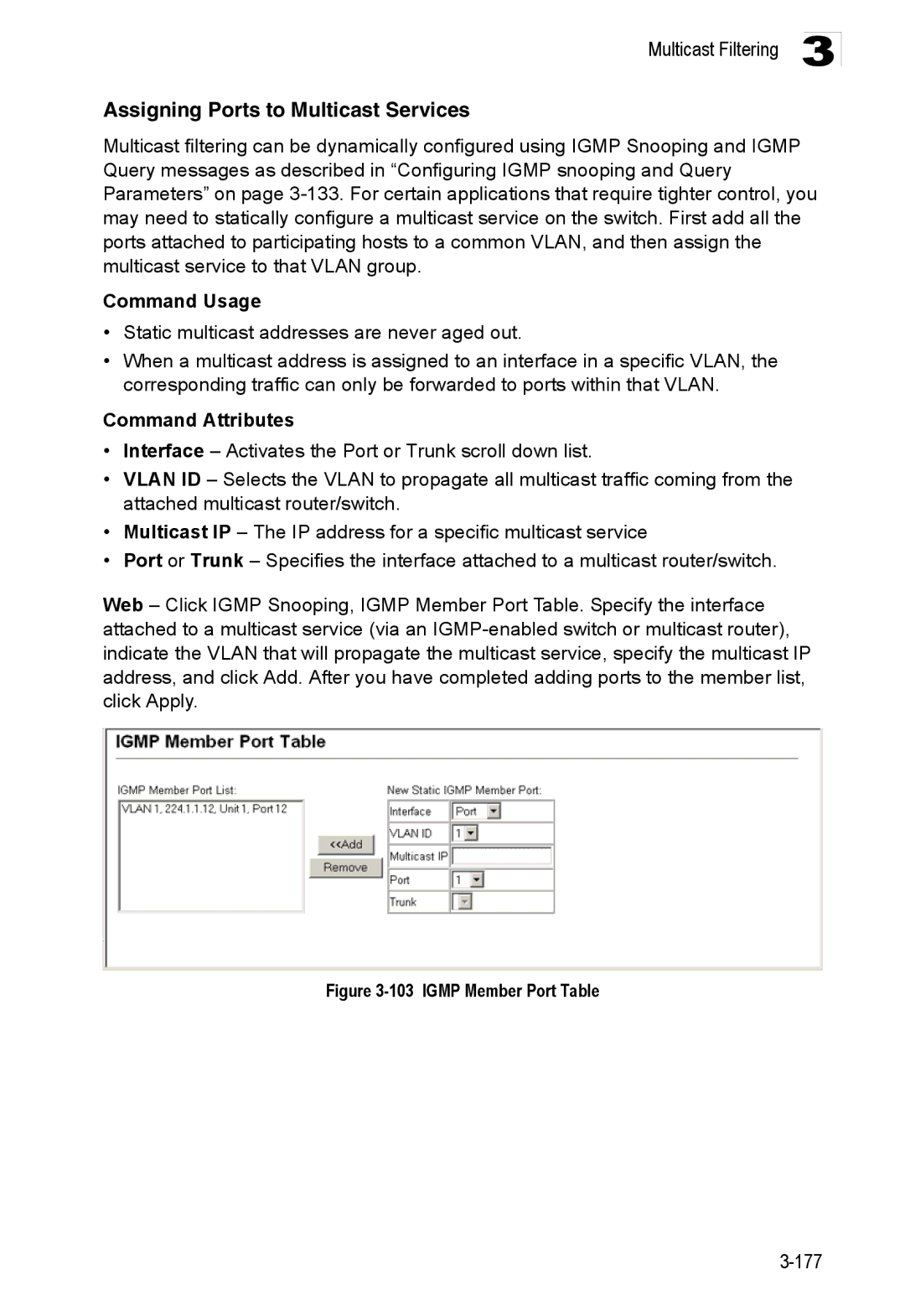 Accton Technology ES3552XA, ES3526XA manual Assigning Ports to Multicast Services, Igmp Member Port Table 