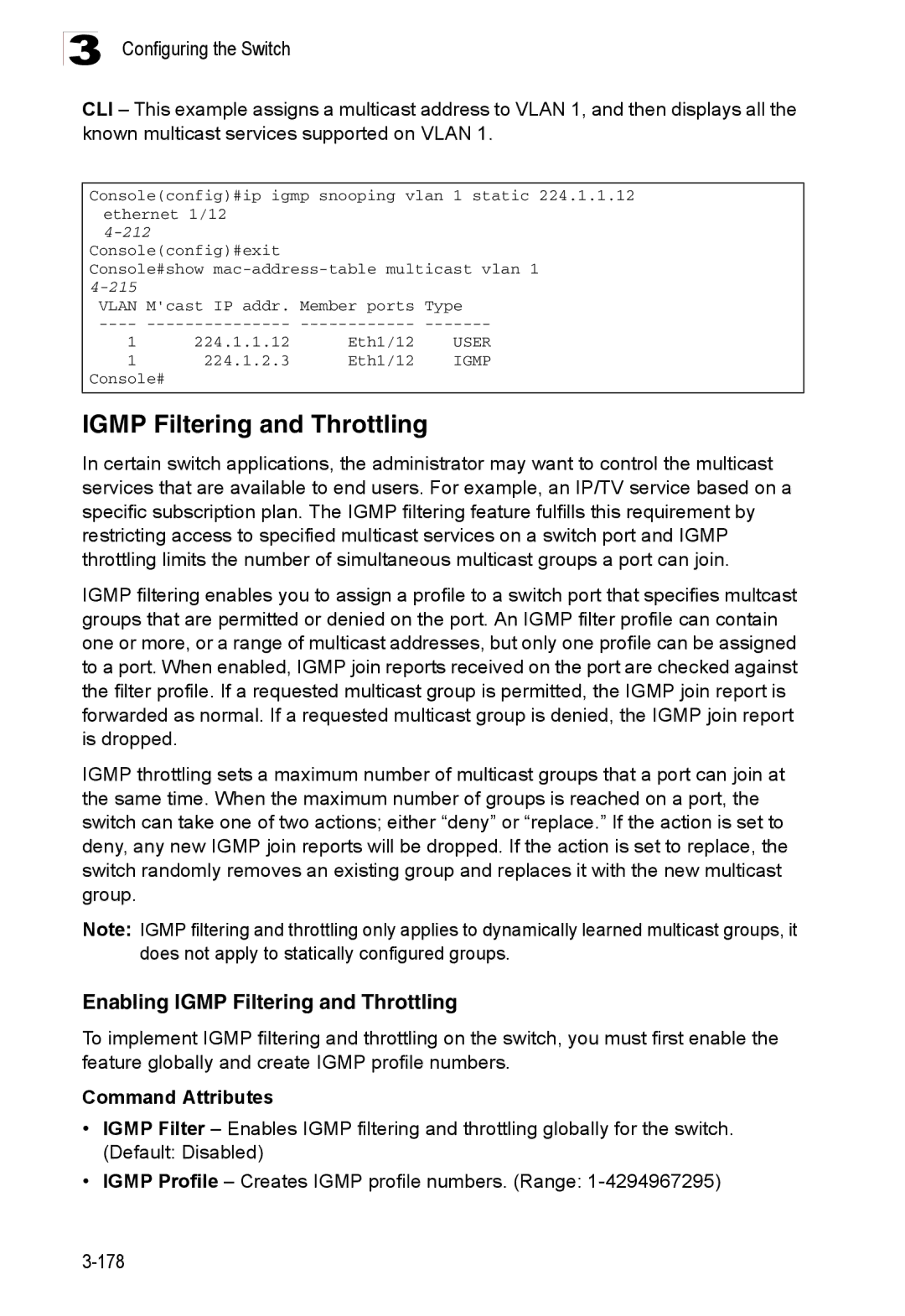 Accton Technology ES3526XA, ES3552XA manual Enabling Igmp Filtering and Throttling 