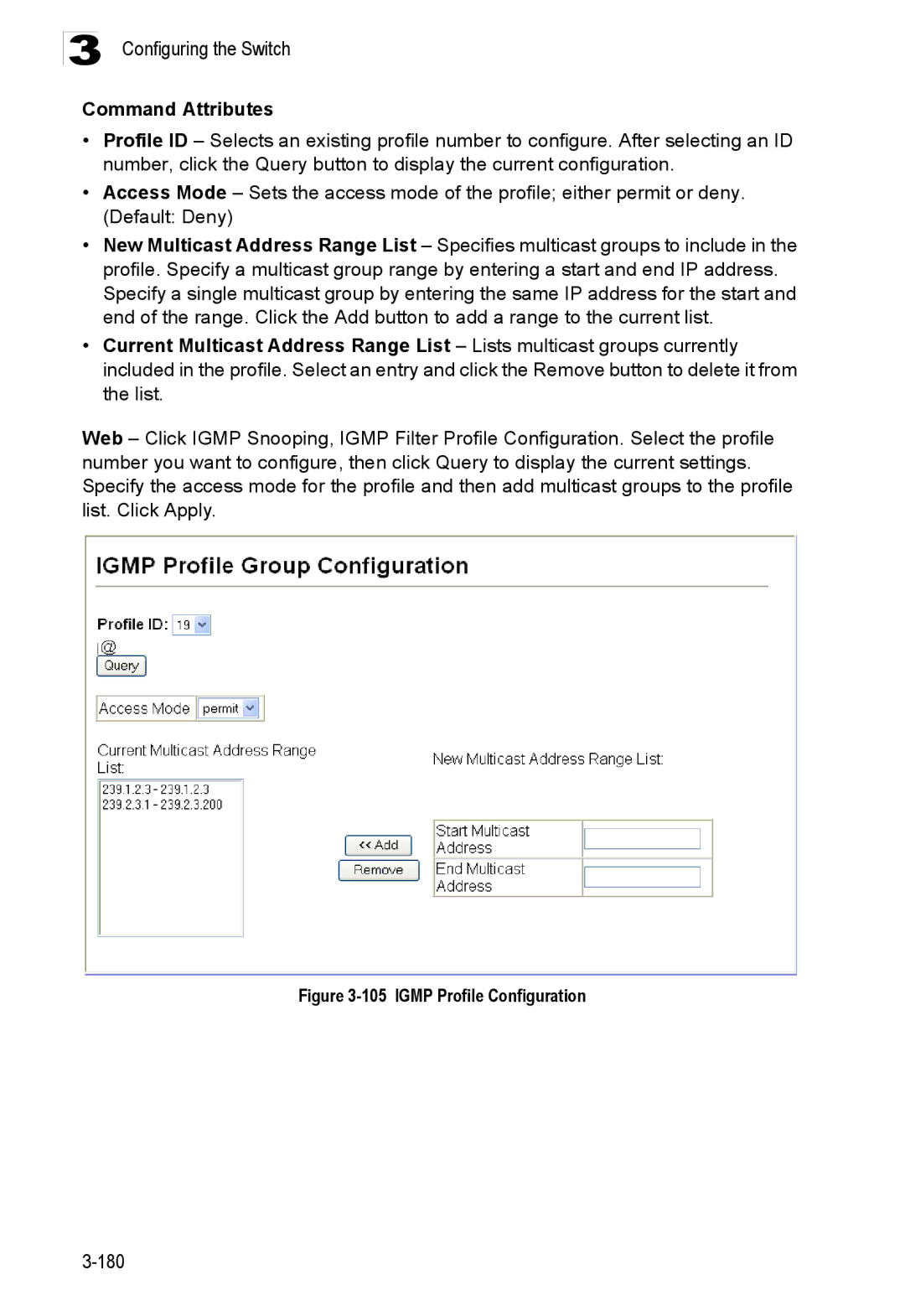 Accton Technology ES3526XA, ES3552XA manual Igmp Profile Configuration 