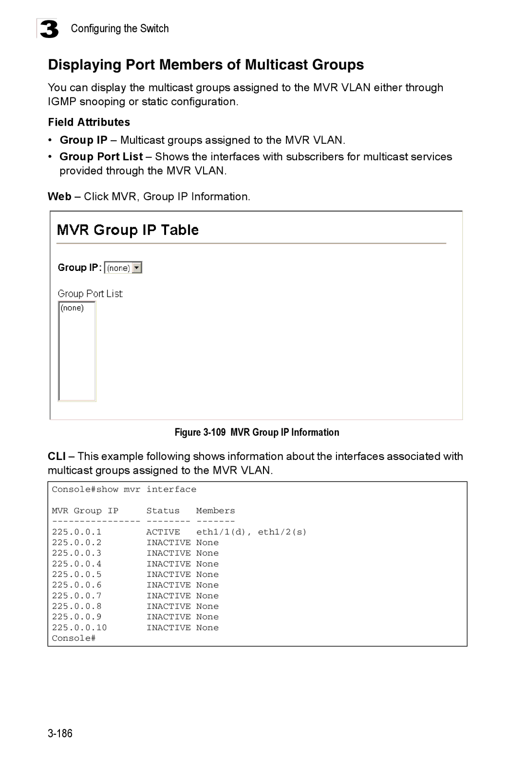 Accton Technology ES3526XA, ES3552XA manual Displaying Port Members of Multicast Groups, MVR Group IP Information 