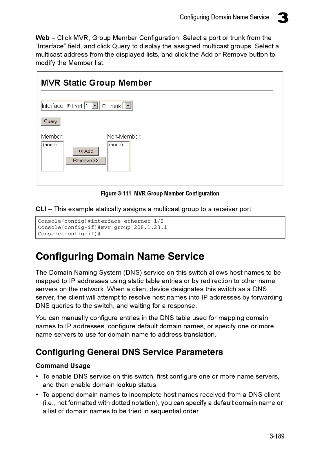 Accton Technology ES3552XA, ES3526XA manual Configuring Domain Name Service, Configuring General DNS Service Parameters 