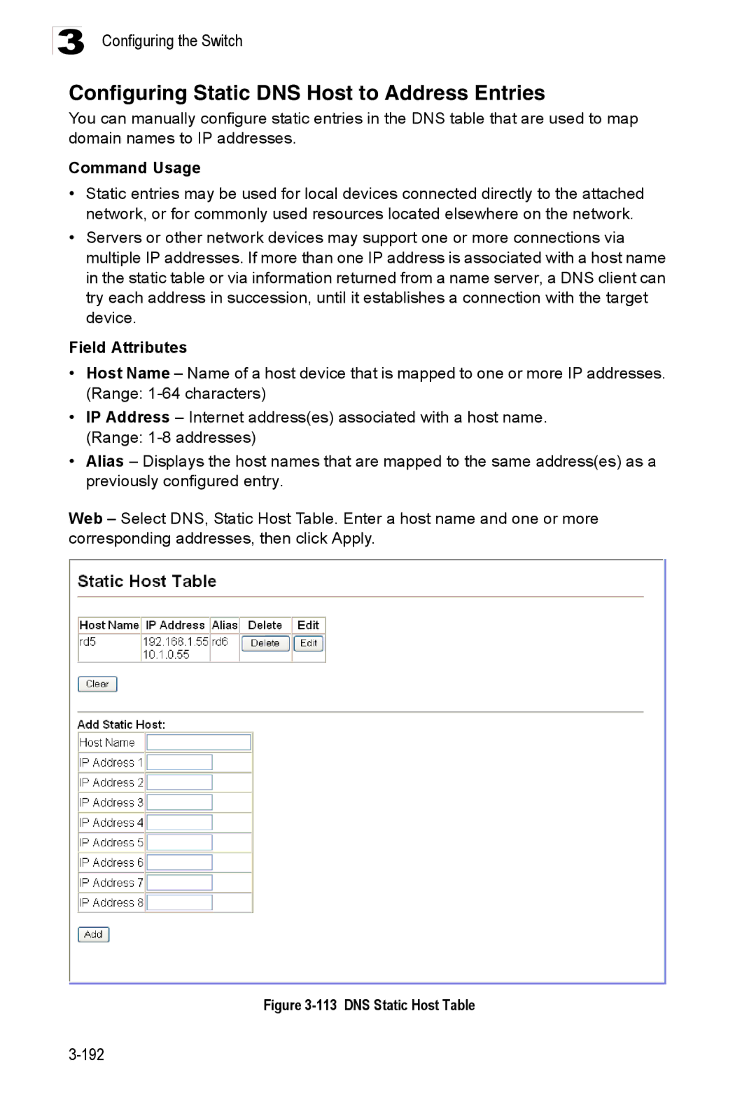 Accton Technology ES3526XA, ES3552XA manual Configuring Static DNS Host to Address Entries, DNS Static Host Table 