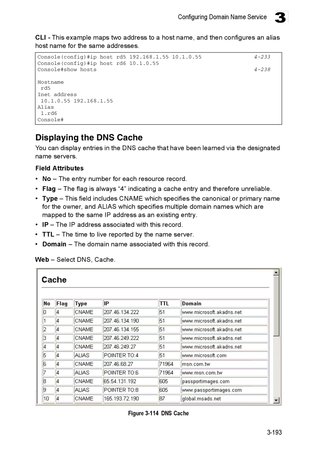 Accton Technology ES3552XA, ES3526XA manual Displaying the DNS Cache, 233, 238 