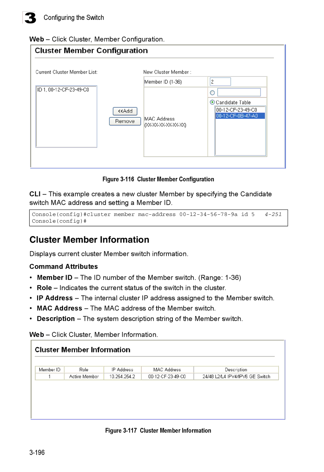 Accton Technology ES3526XA, ES3552XA manual Cluster Member Information, Web Click Cluster, Member Configuration 