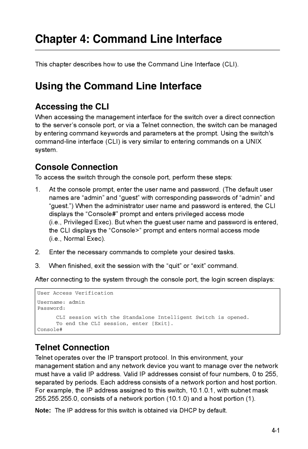 Accton Technology ES3552XA, ES3526XA manual Using the Command Line Interface, Accessing the CLI, Telnet Connection 