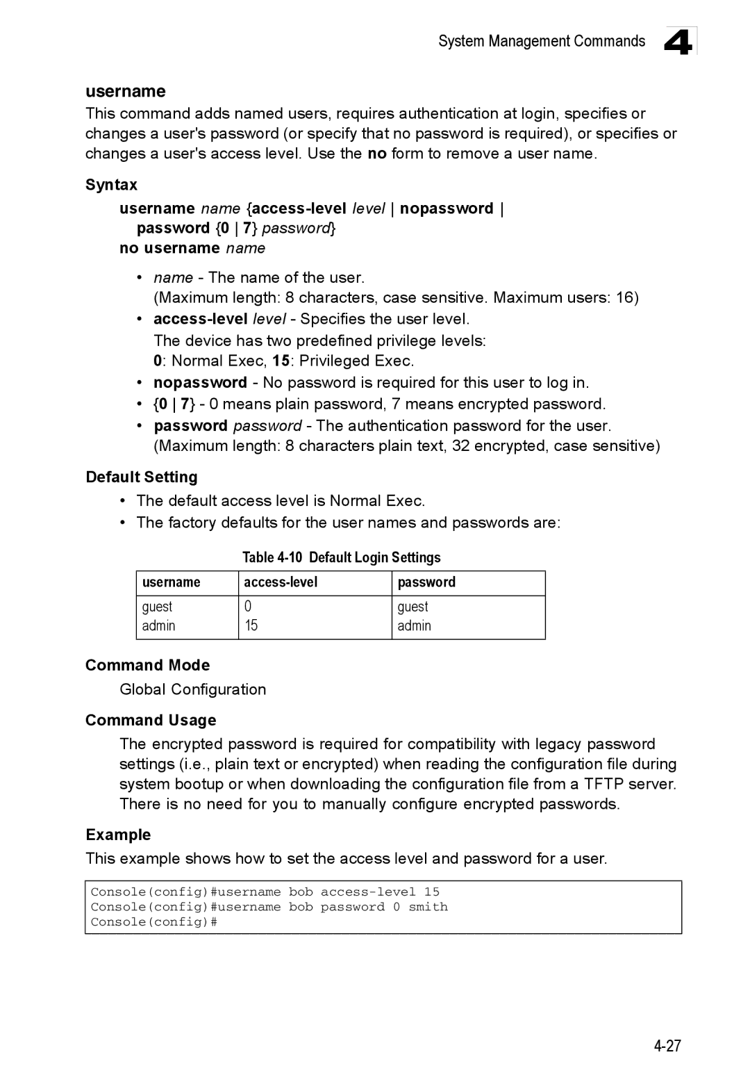 Accton Technology ES3552XA, ES3526XA manual Default Login Settings Username Access-level Password, Guest Admin 