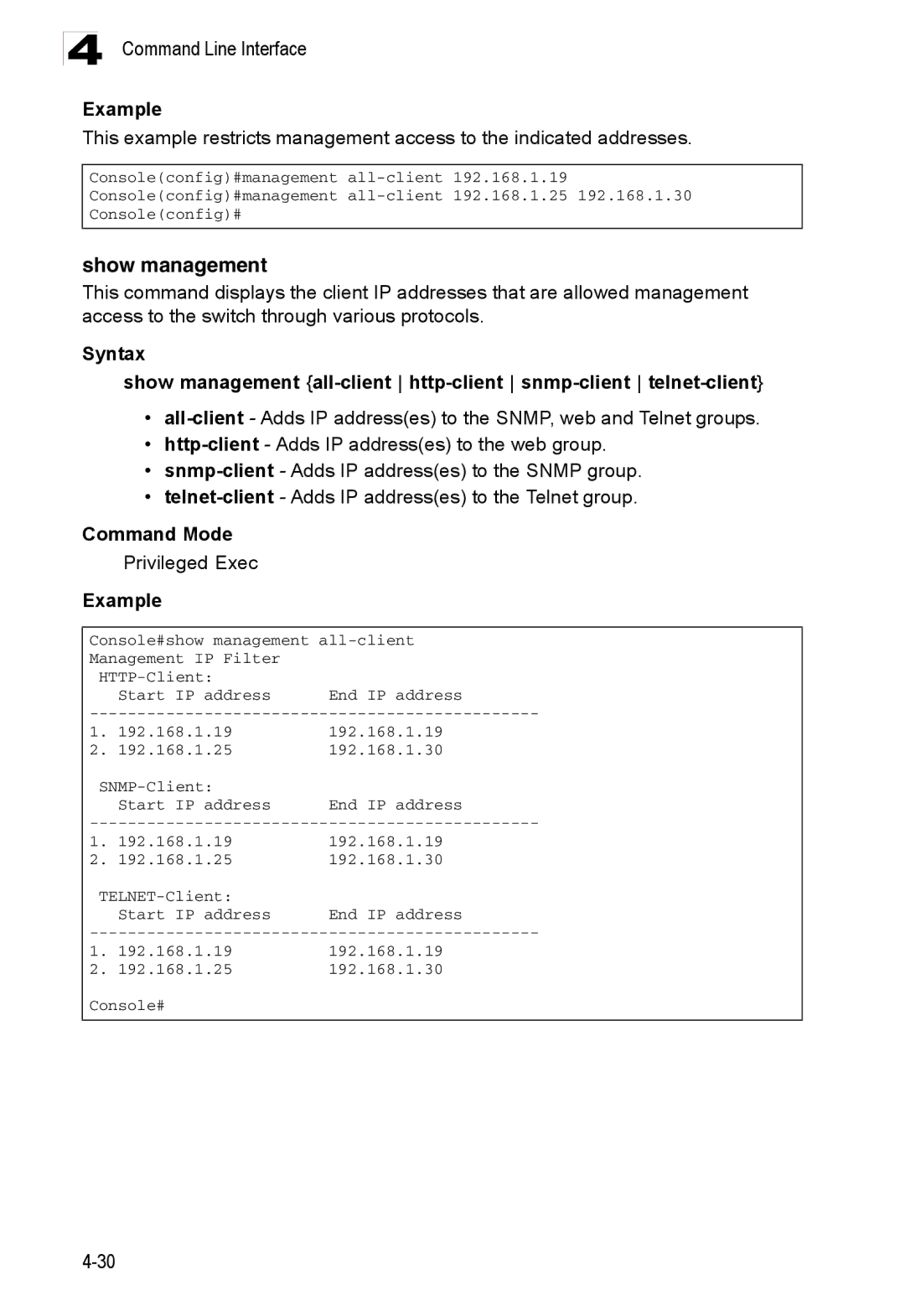 Accton Technology ES3526XA, ES3552XA manual Show management, Privileged Exec 