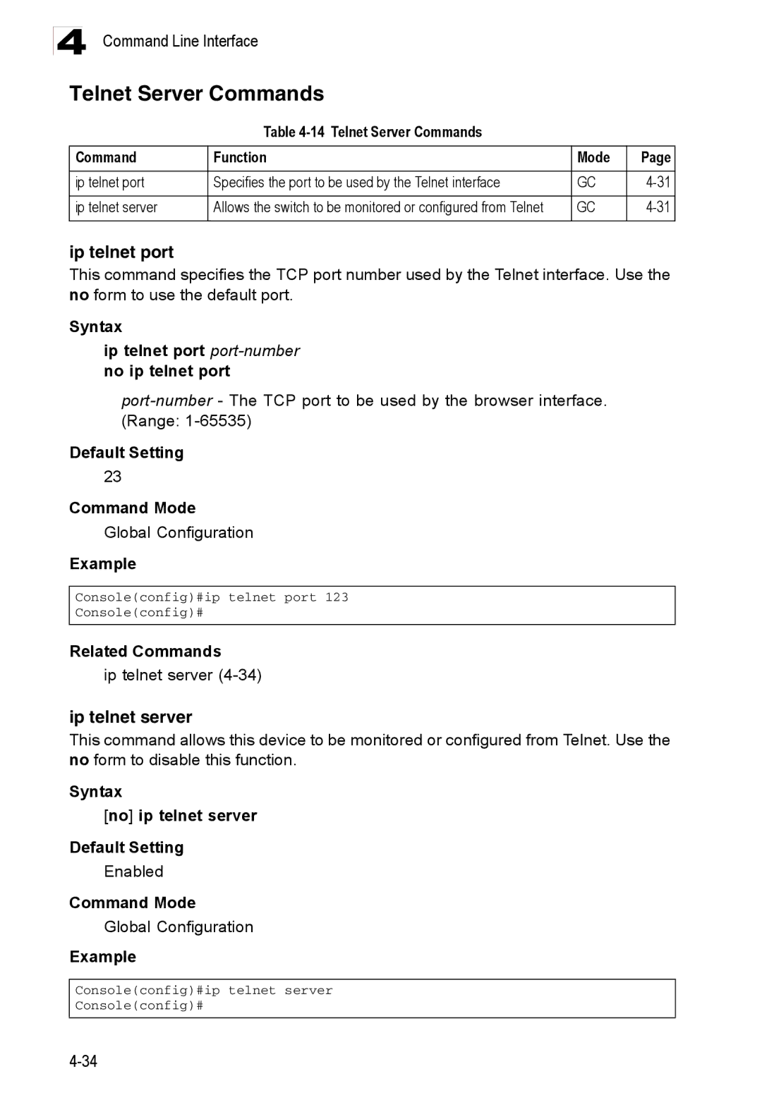 Accton Technology ES3526XA, ES3552XA manual Telnet Server Commands, Ip telnet port, Ip telnet server 