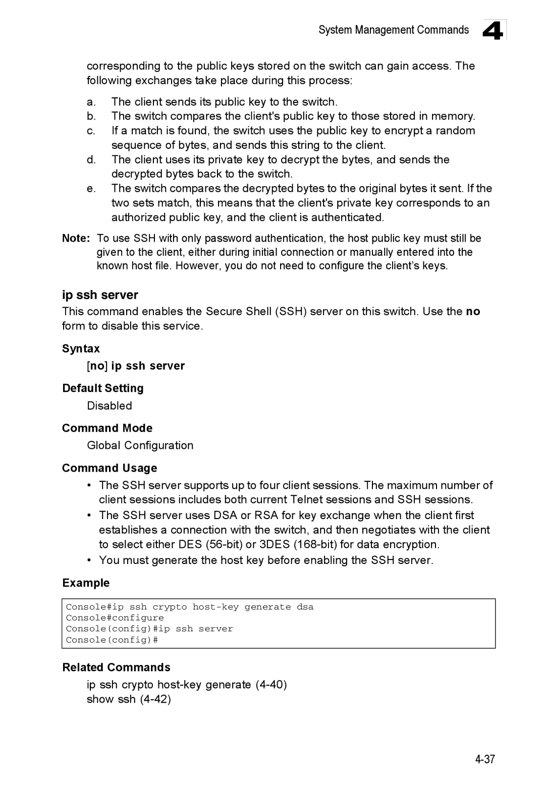 Accton Technology ES3552XA, ES3526XA manual Ip ssh server, Syntax No ip ssh server Default Setting 