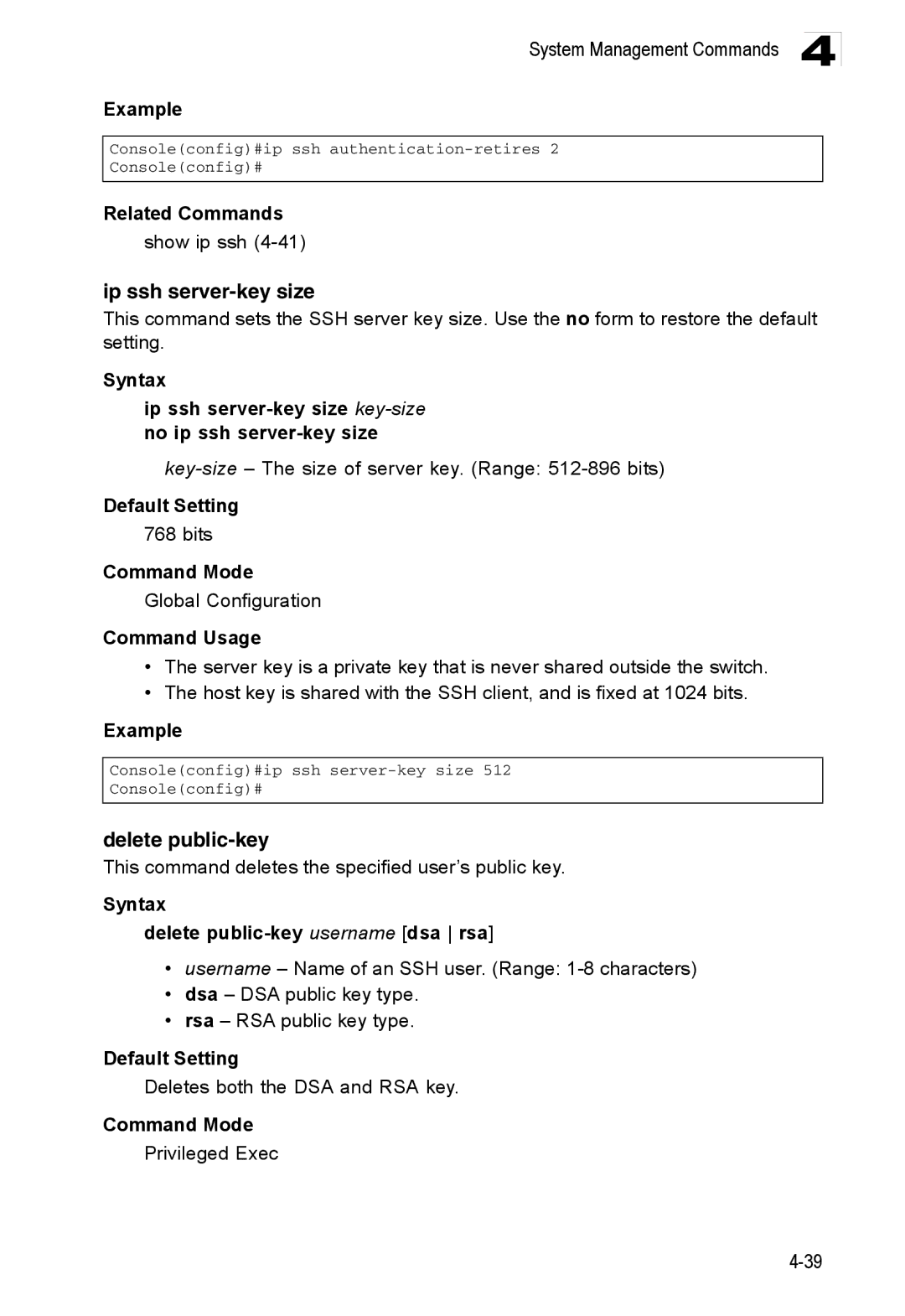 Accton Technology ES3552XA, ES3526XA manual Ip ssh server-key size, Syntax Delete public-key username dsa rsa 