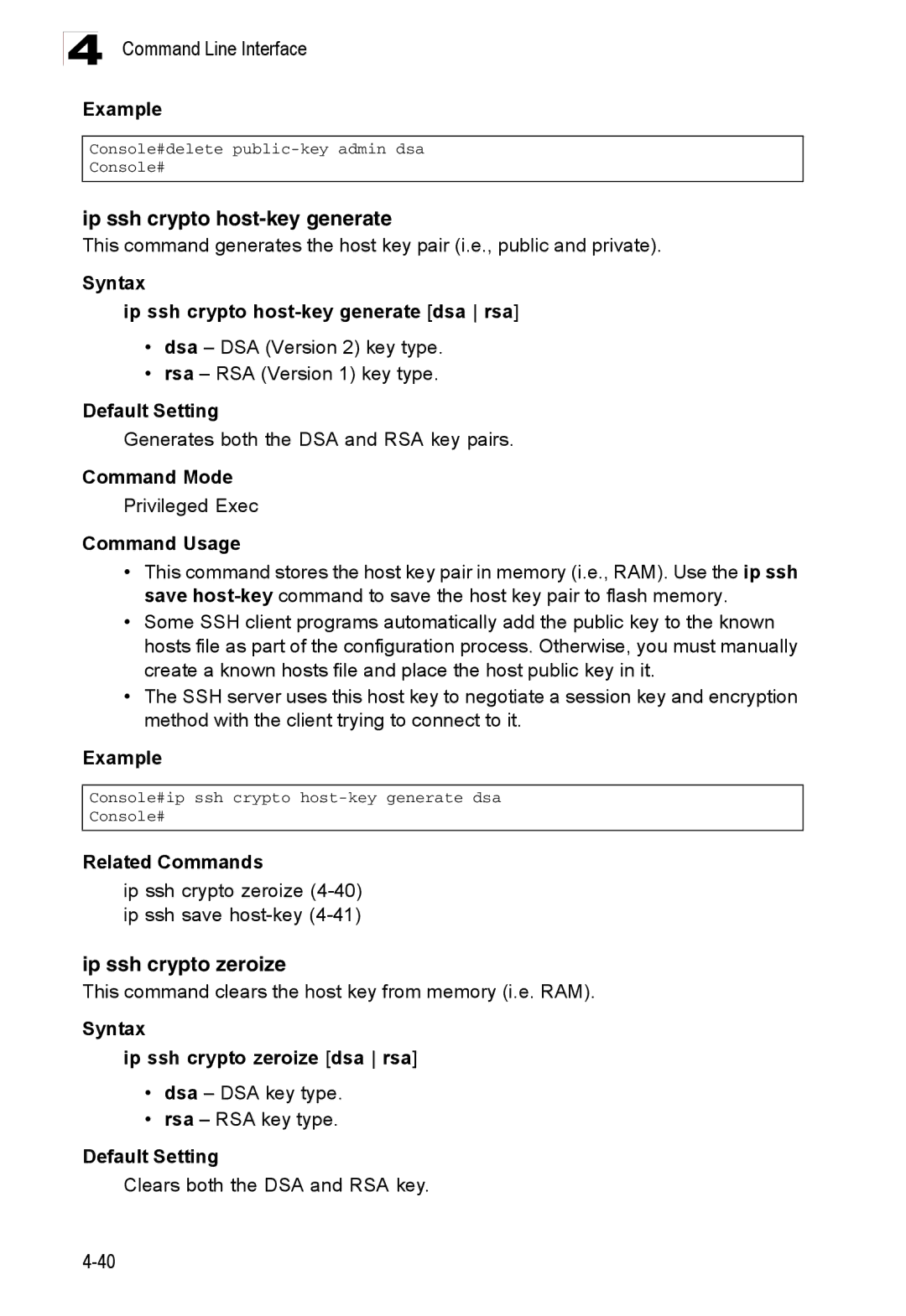 Accton Technology ES3526XA, ES3552XA manual Ip ssh crypto host-key generate, Syntax Ip ssh crypto zeroize dsa rsa 