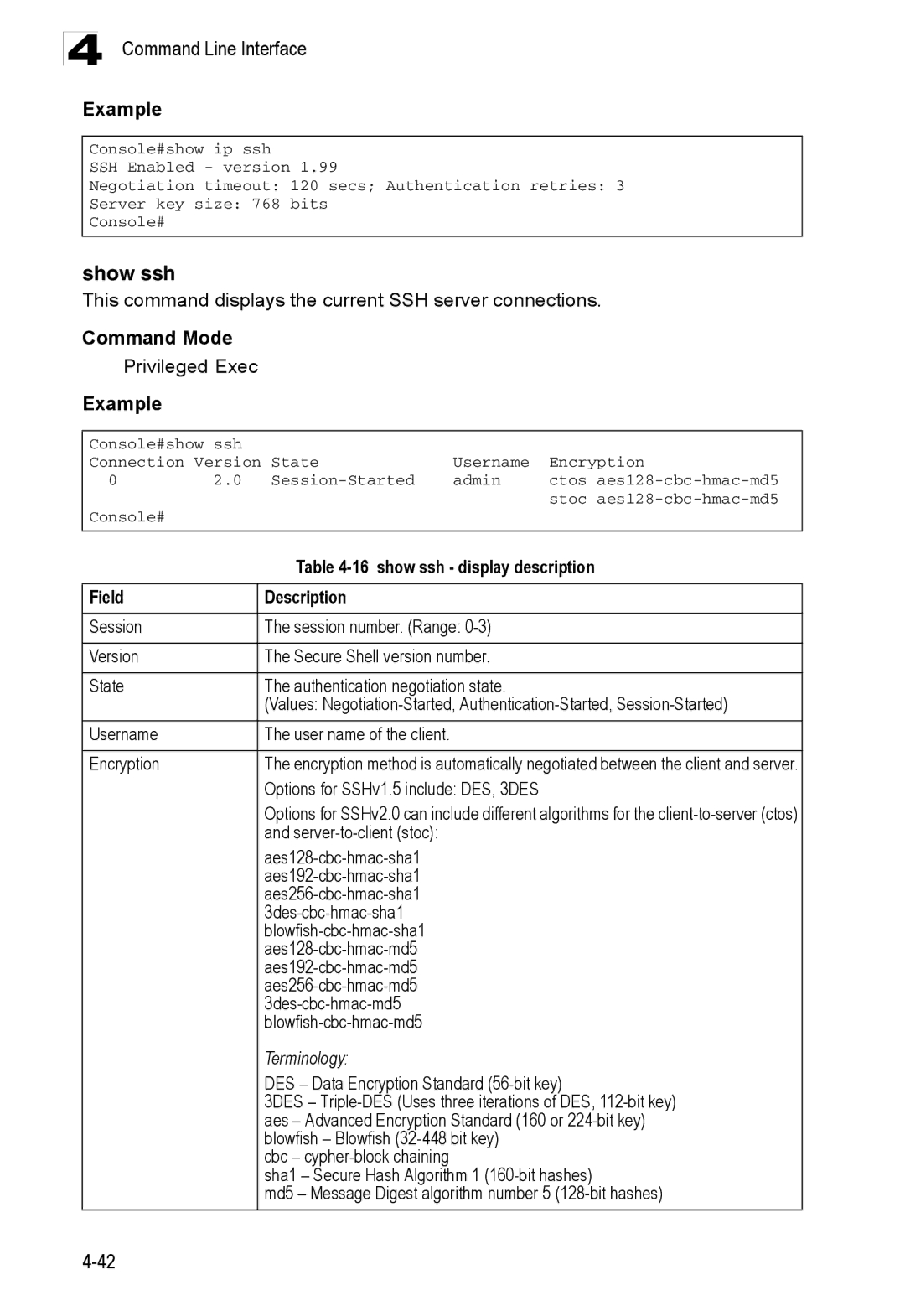 Accton Technology ES3526XA, ES3552XA manual Show ssh, show ssh display description, Terminology 