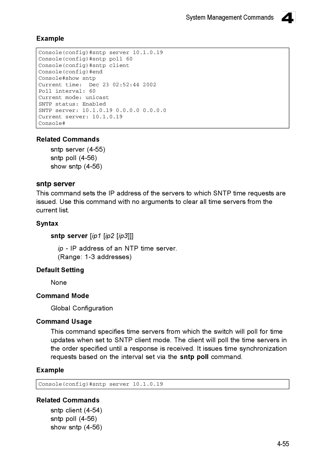 Accton Technology ES3552XA, ES3526XA manual Sntp server 4-55 sntp poll 4-56 show sntp, Syntax Sntp server ip1 ip2 ip3 