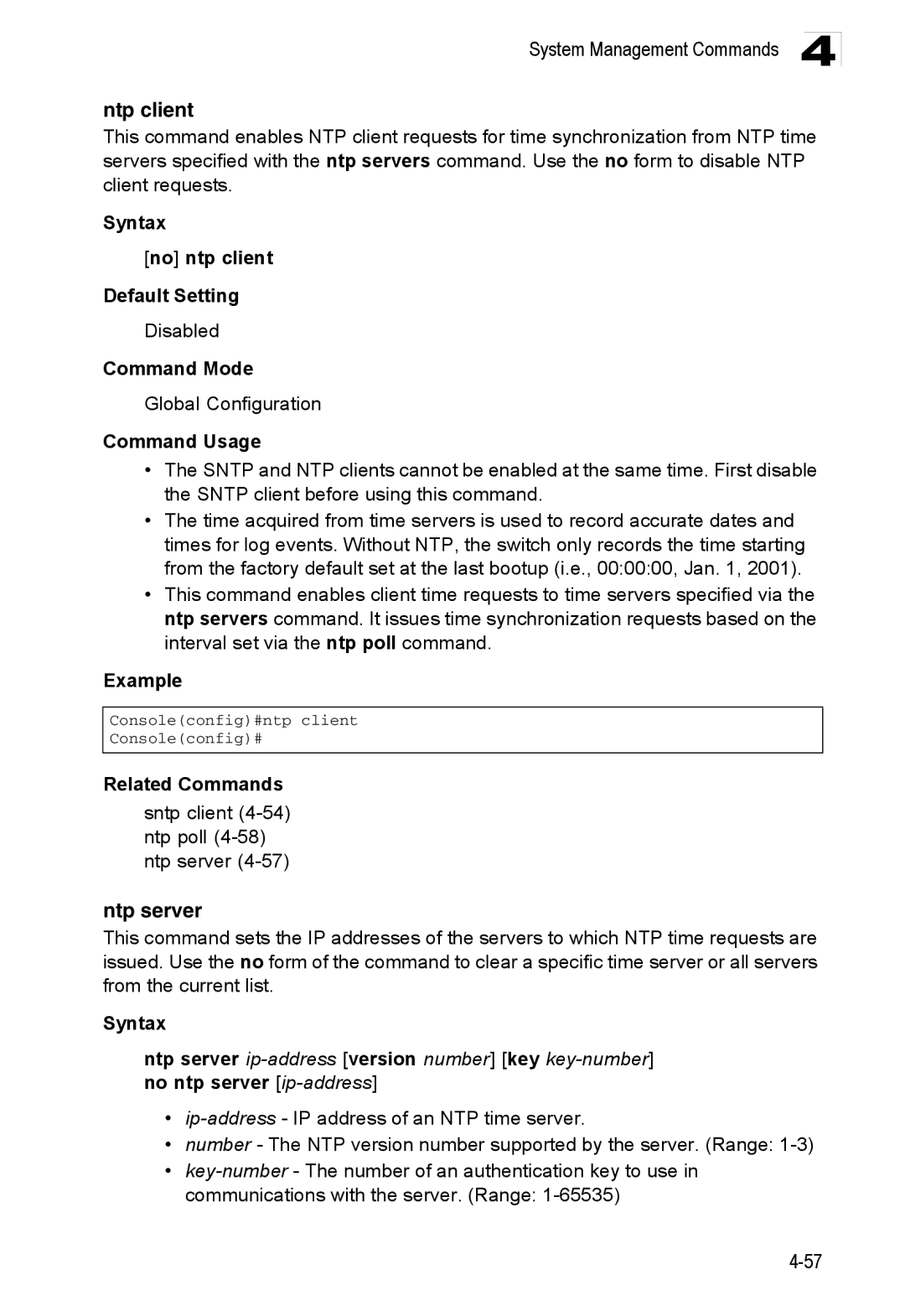 Accton Technology ES3552XA, ES3526XA manual Ntp client, Ntp server, Syntax No ntp client Default Setting 