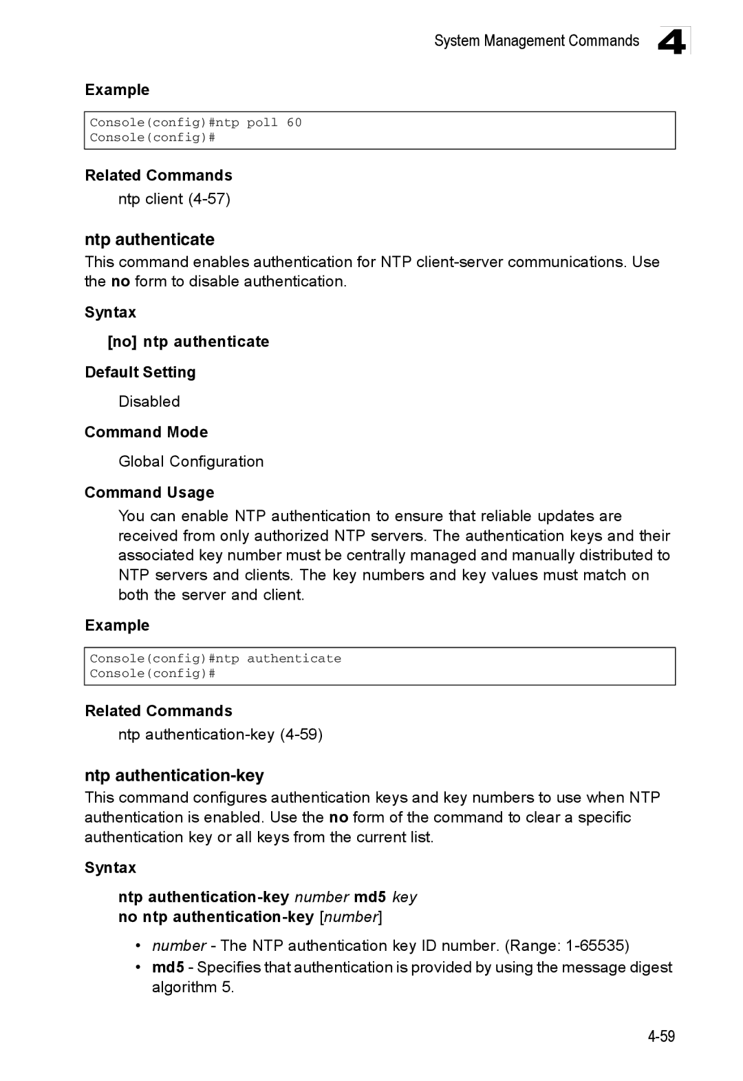 Accton Technology ES3552XA, ES3526XA Ntp authenticate, Ntp authentication-key, Syntax No ntp authenticate Default Setting 