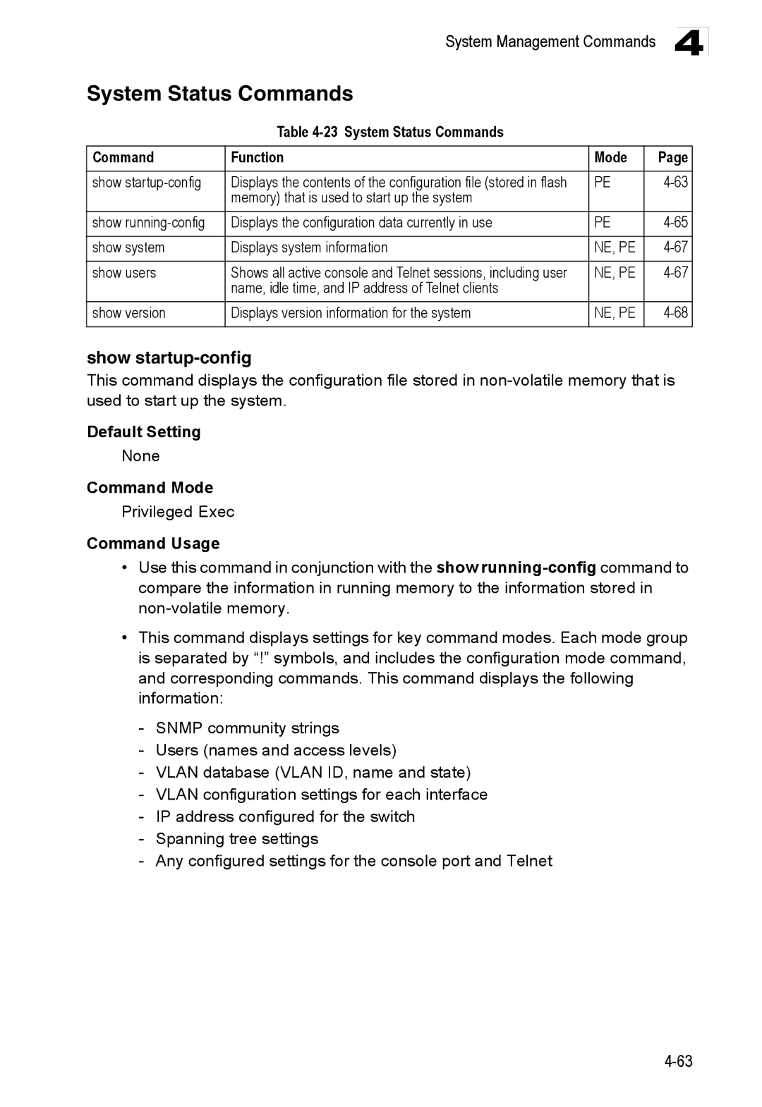 Accton Technology ES3552XA, ES3526XA manual Show startup-config, System Status Commands Function Mode 