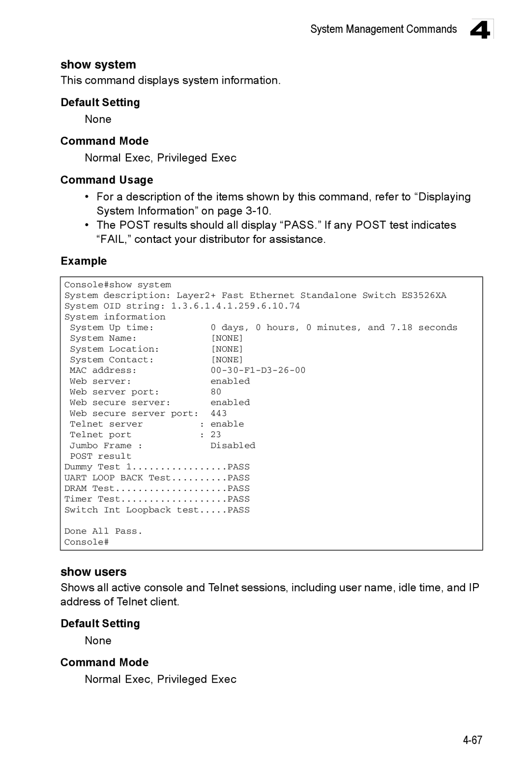 Accton Technology ES3552XA, ES3526XA manual Show system, Show users, This command displays system information 