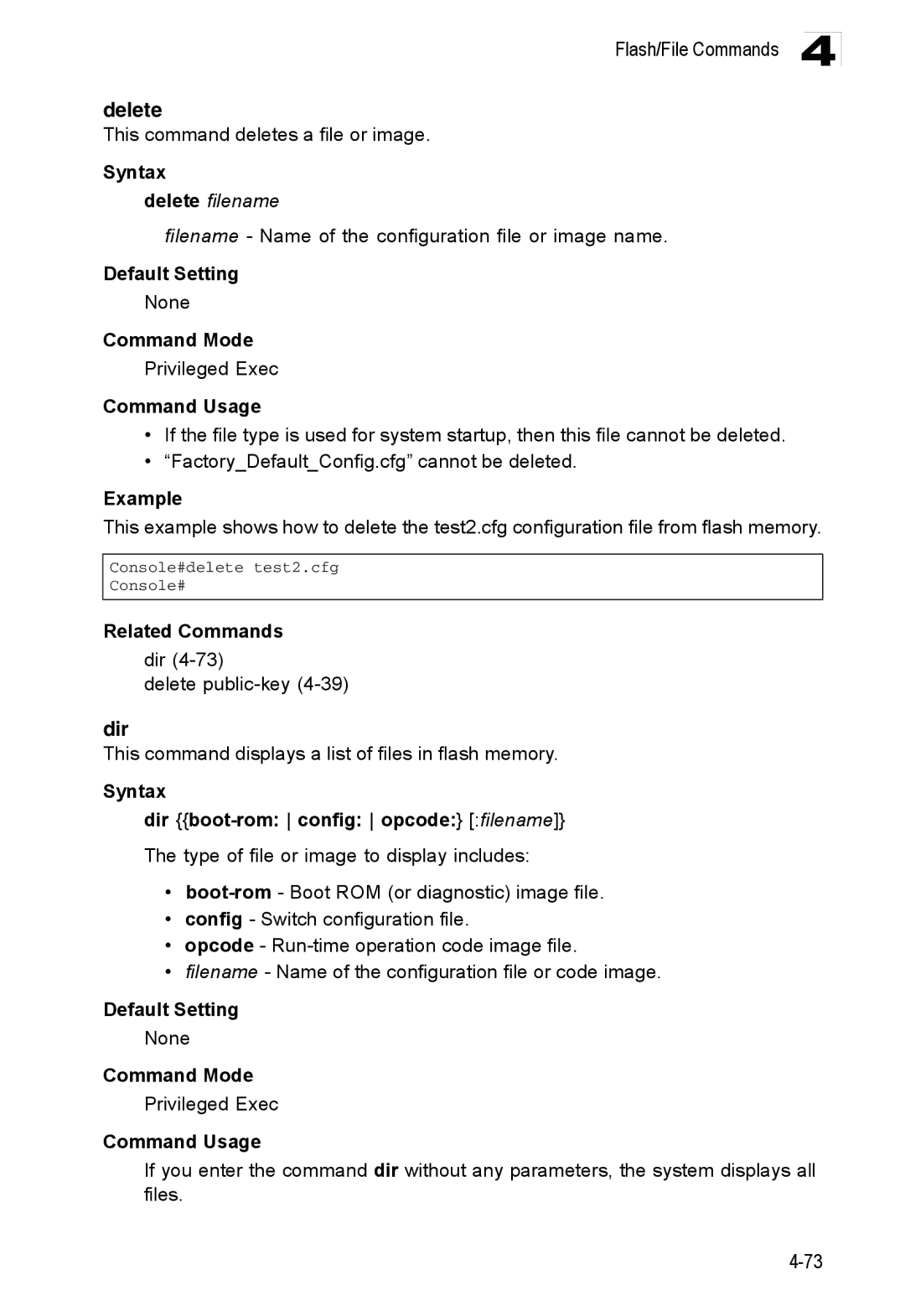 Accton Technology ES3552XA, ES3526XA manual Delete filename, Syntax Dir boot-rom config opcode filename 